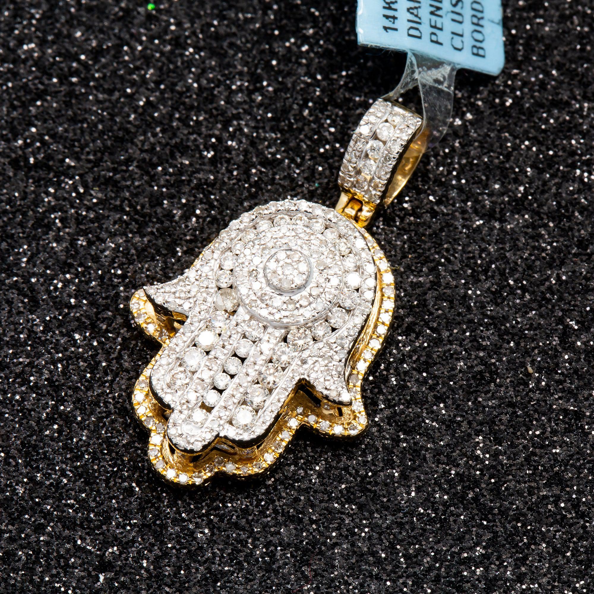 14K GOLD BAGUETTE DIAMOND HAMSA PENDANT WITH DOME MIDDLE 1.45 CT