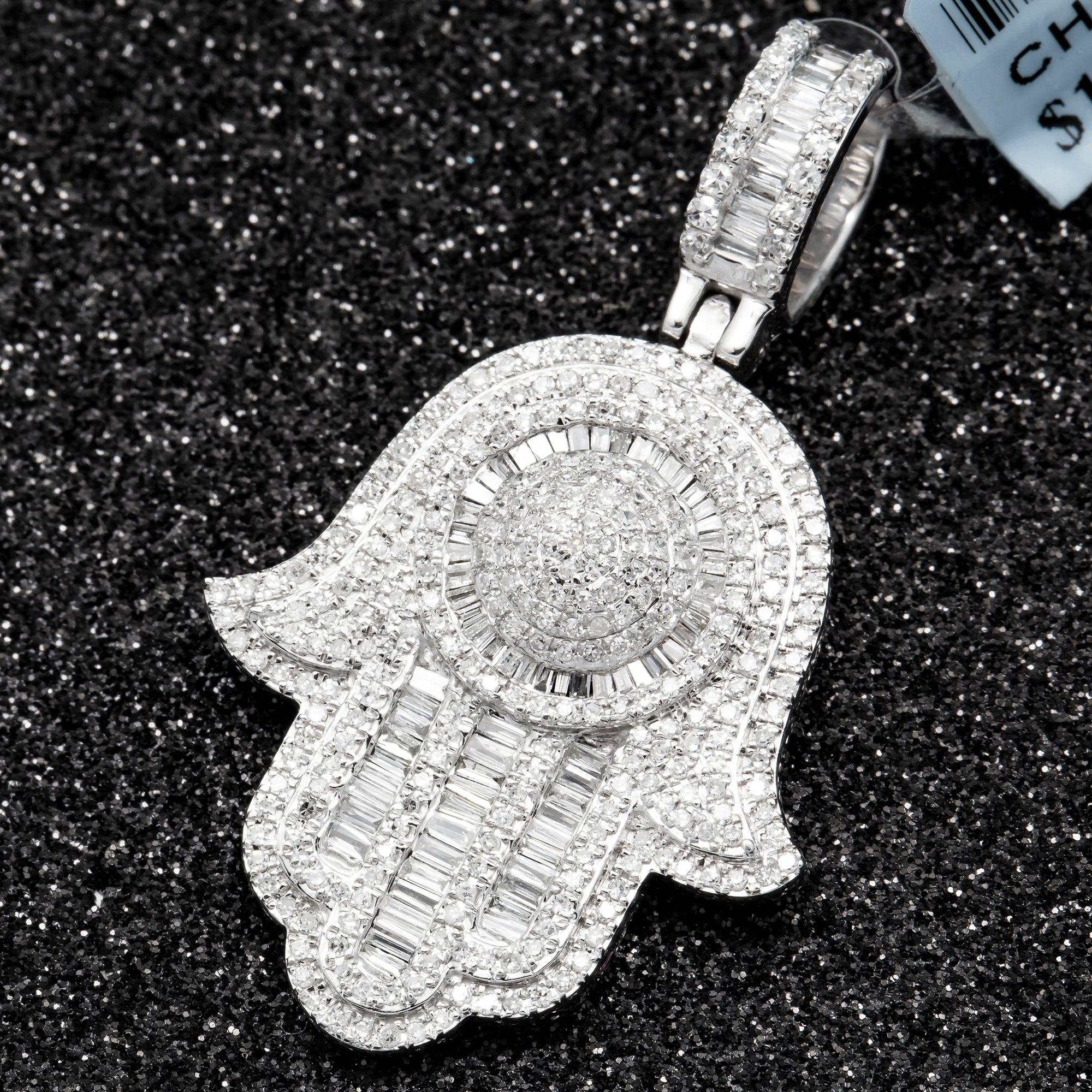 14K GOLD BAGUETTE DIAMOND HAMSA PENDANT WITH DOME MIDDLE 1.45 CT