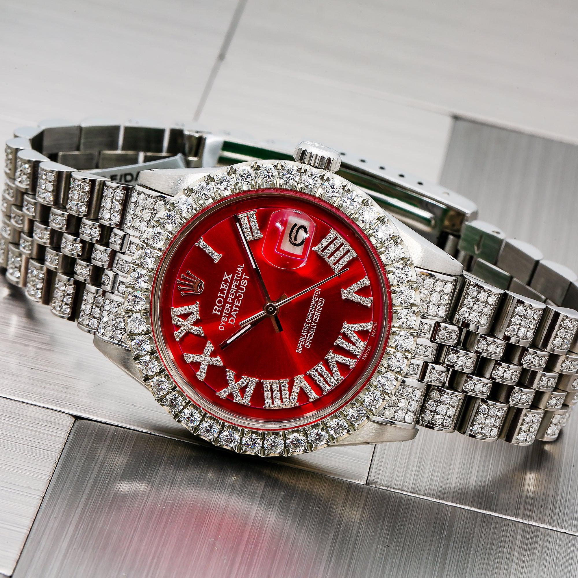 Rolex Datejust 36MM 1601 Red Roman Diamond Dial Diamond Bezel Stainless Steel Full Diamond Jubilee Bracelet 7.75ct