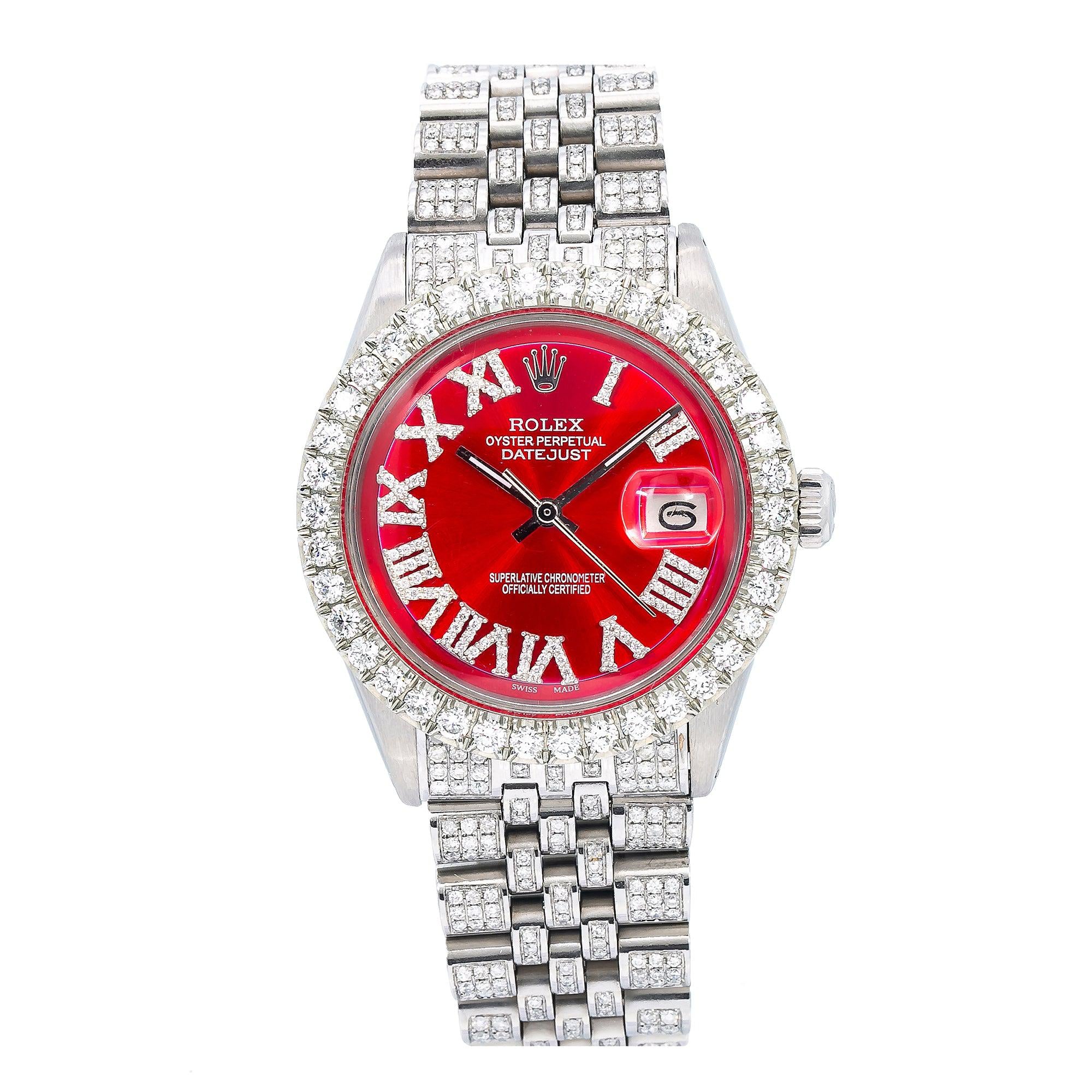Rolex Datejust 36MM 1601 Red Roman Dial Diamond Bezel Full Diamond Oyster Bracelet 7.75ct