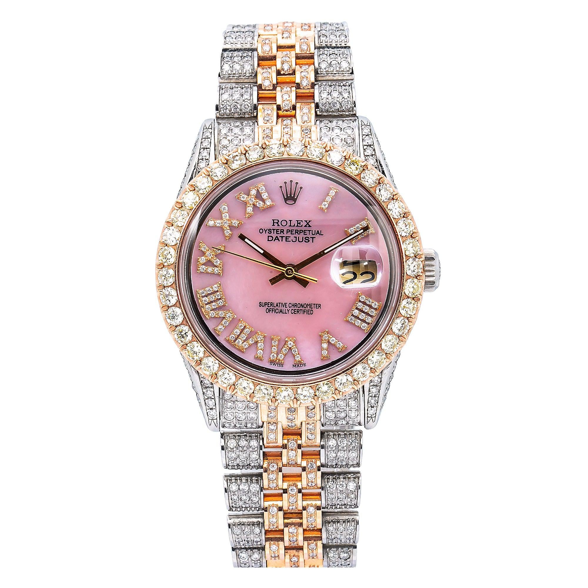 Rolex Datejust 36MM 1601 Pink Mother of Pearl Roman Dial Diamond Bezel Two Tone Full Diamond Jubilee Bracelet 8.75ct