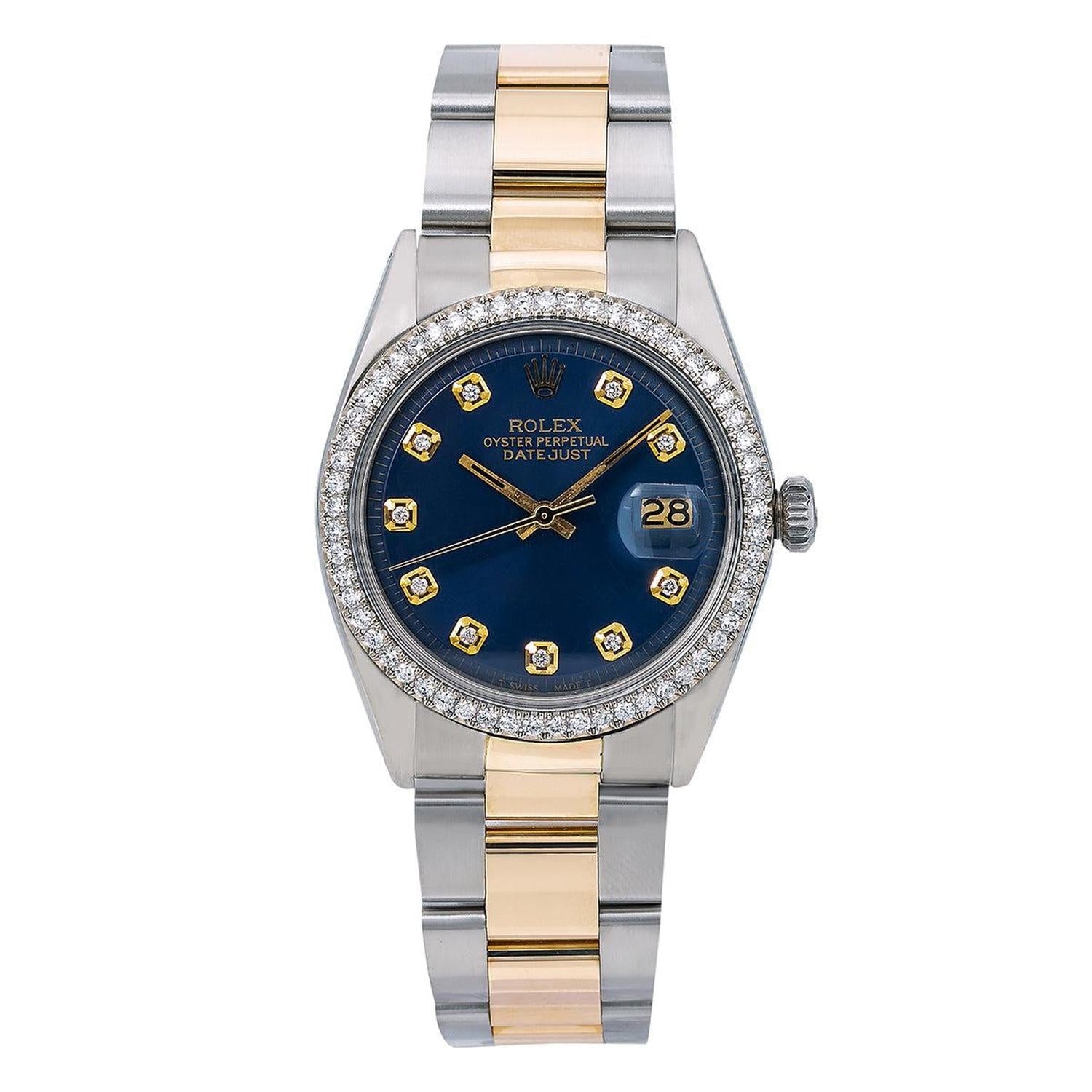 Rolex Datejust 36MM 1600 Blue Diamond Dial Diamond Bezel Two Tone Oyster Bracelet