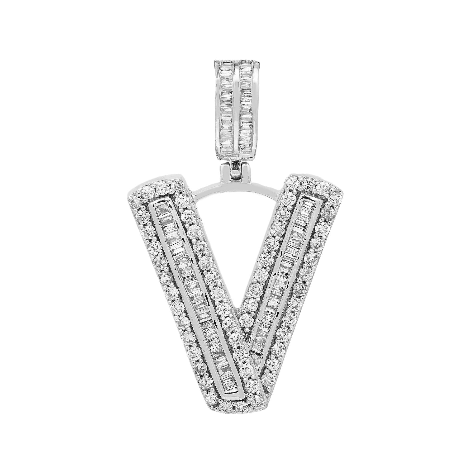 14K WHITE GOLD DIAMOND LETTER V PENDANT 0.99 CT