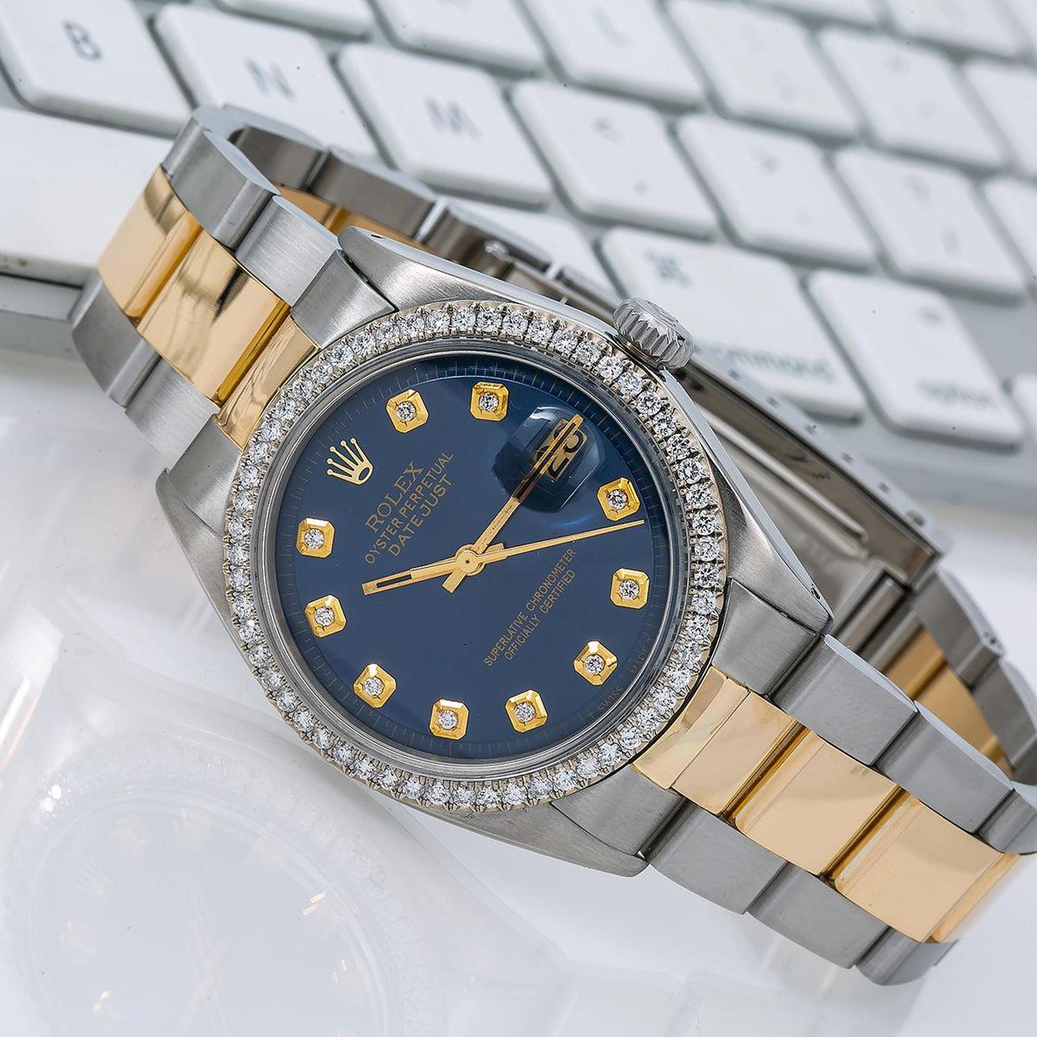 Rolex Datejust 36MM 1600 Blue Diamond Dial Diamond Bezel Two Tone Yellow Gold Oyster Bracelet