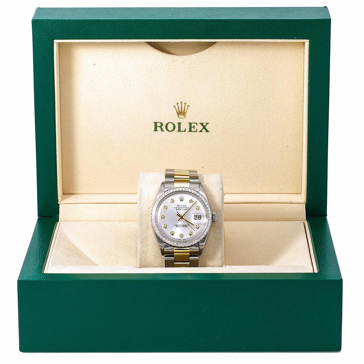 Rolex Datejust 36MM 1600 Silver Diamond Dial Diamond Bezel Two Tone Yellow Gold Oyster Bracelet