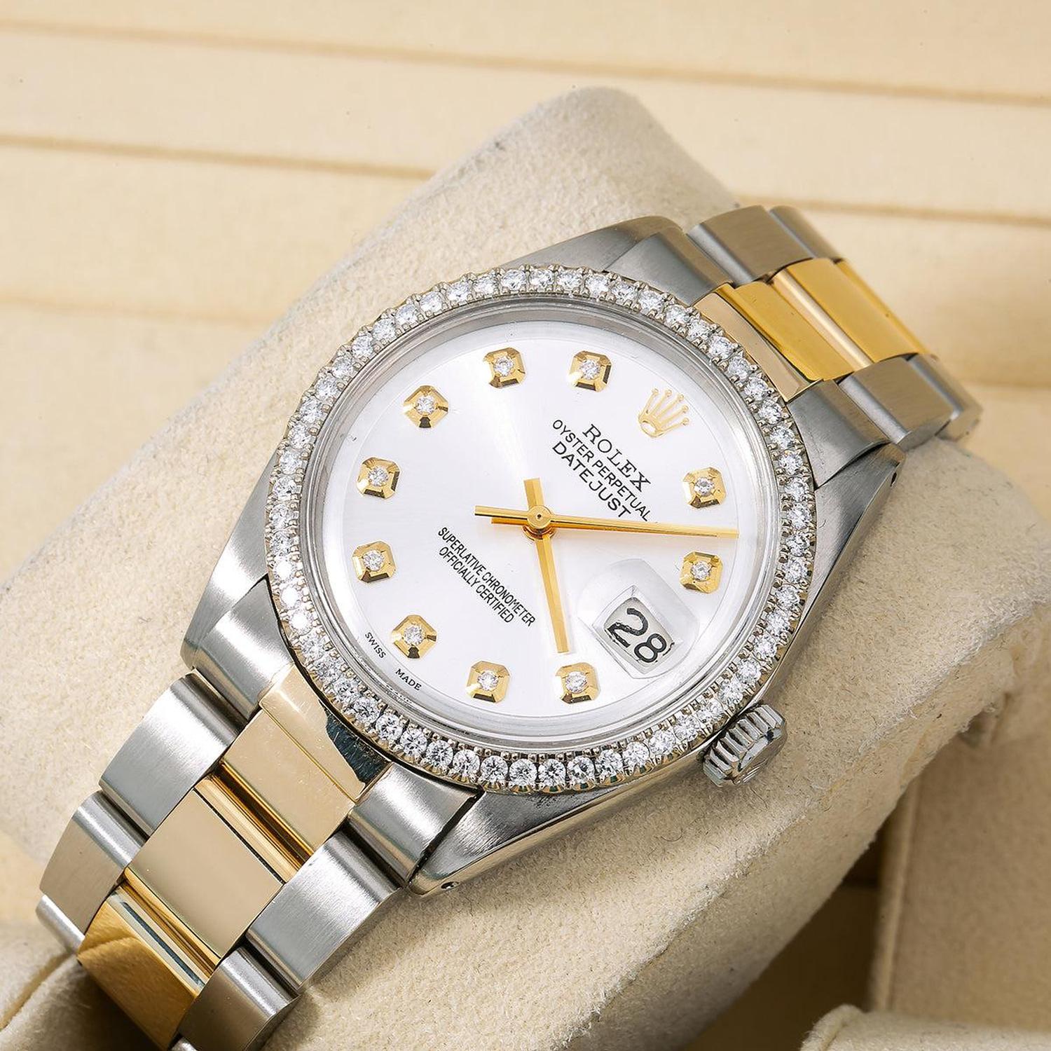 Rolex Datejust 36MM 1600 Silver Diamond Dial Diamond Bezel Two Tone Yellow Gold Oyster Bracelet
