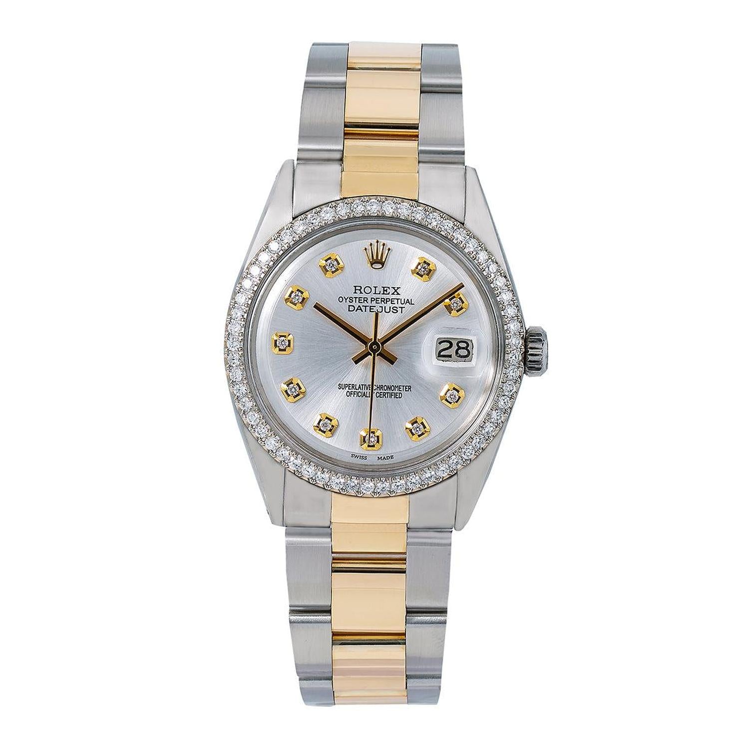 Rolex Datejust 36MM 1600 Silver Diamond Dial Diamond Bezel Two Tone Oyster Bracelet