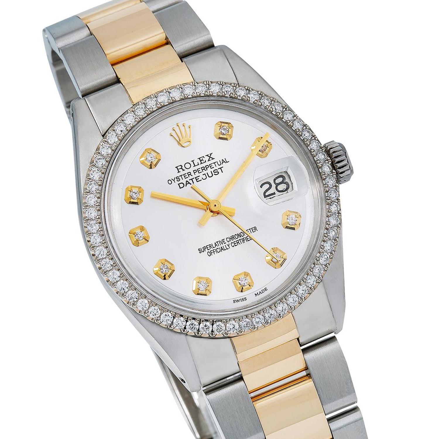 Rolex Datejust 36MM 1600 Silver Diamond Dial Diamond Bezel Two Tone Yellow Gold Oyster Bracelet