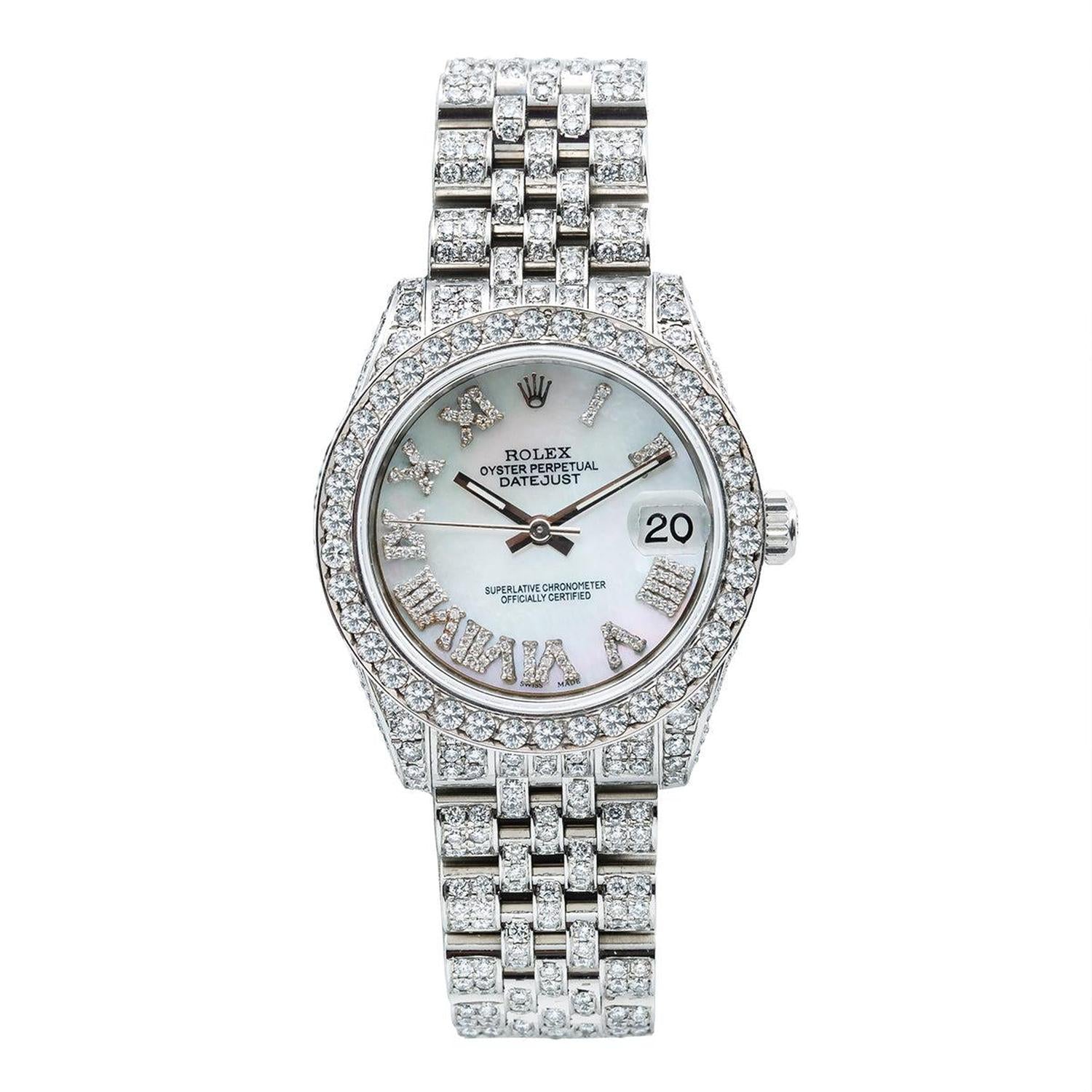 Rolex Datejust 31MM 178240 Blue Mother of Pearl Roman Dial Diamond Bezel Full Diamond Oyster Bracelet 9.25ct