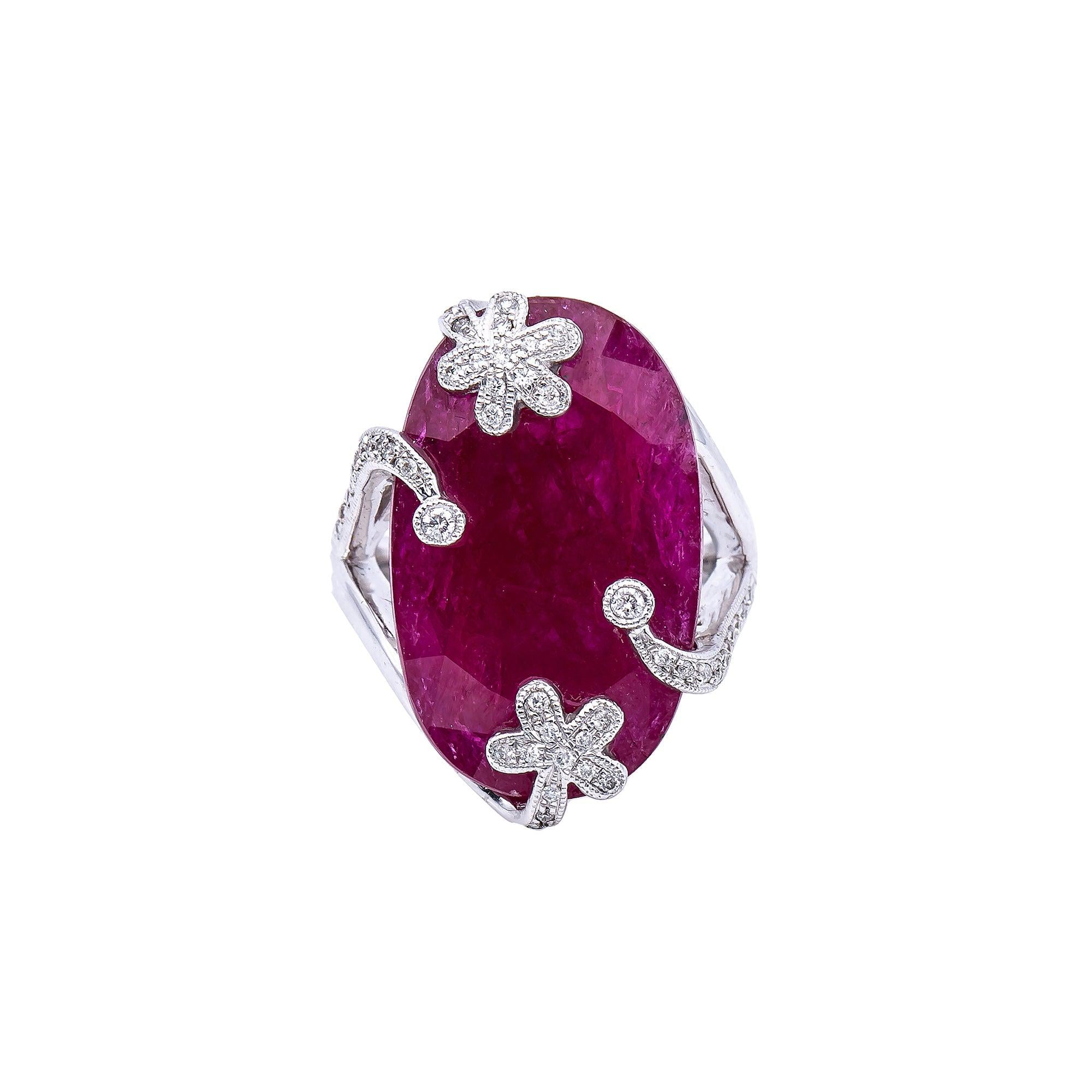 18K White Gold Round Shaped Ruby Diamond And Gemstone Ring