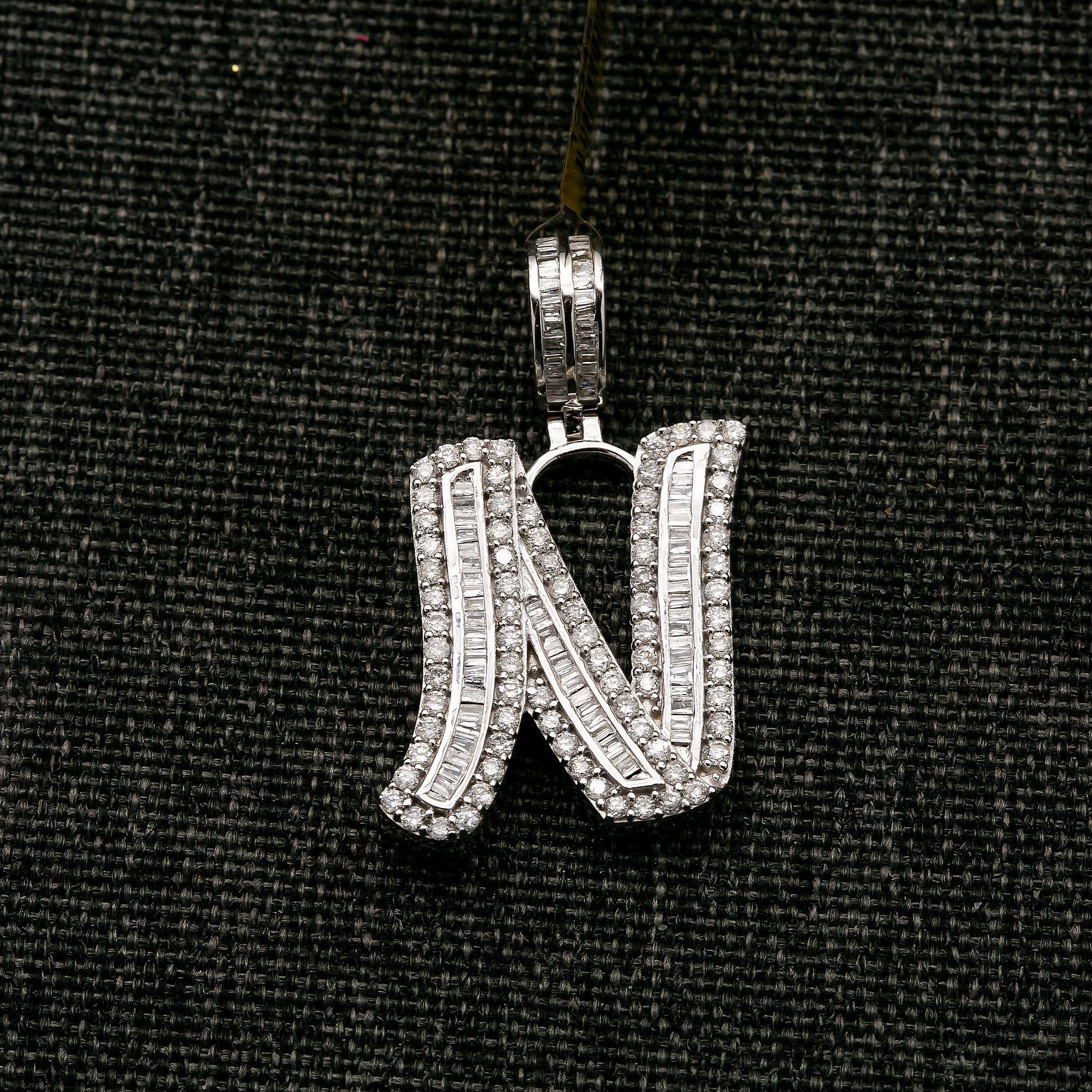 14K WHITE GOLD DIAMOND LETTER N PENDANT 1.28 CT