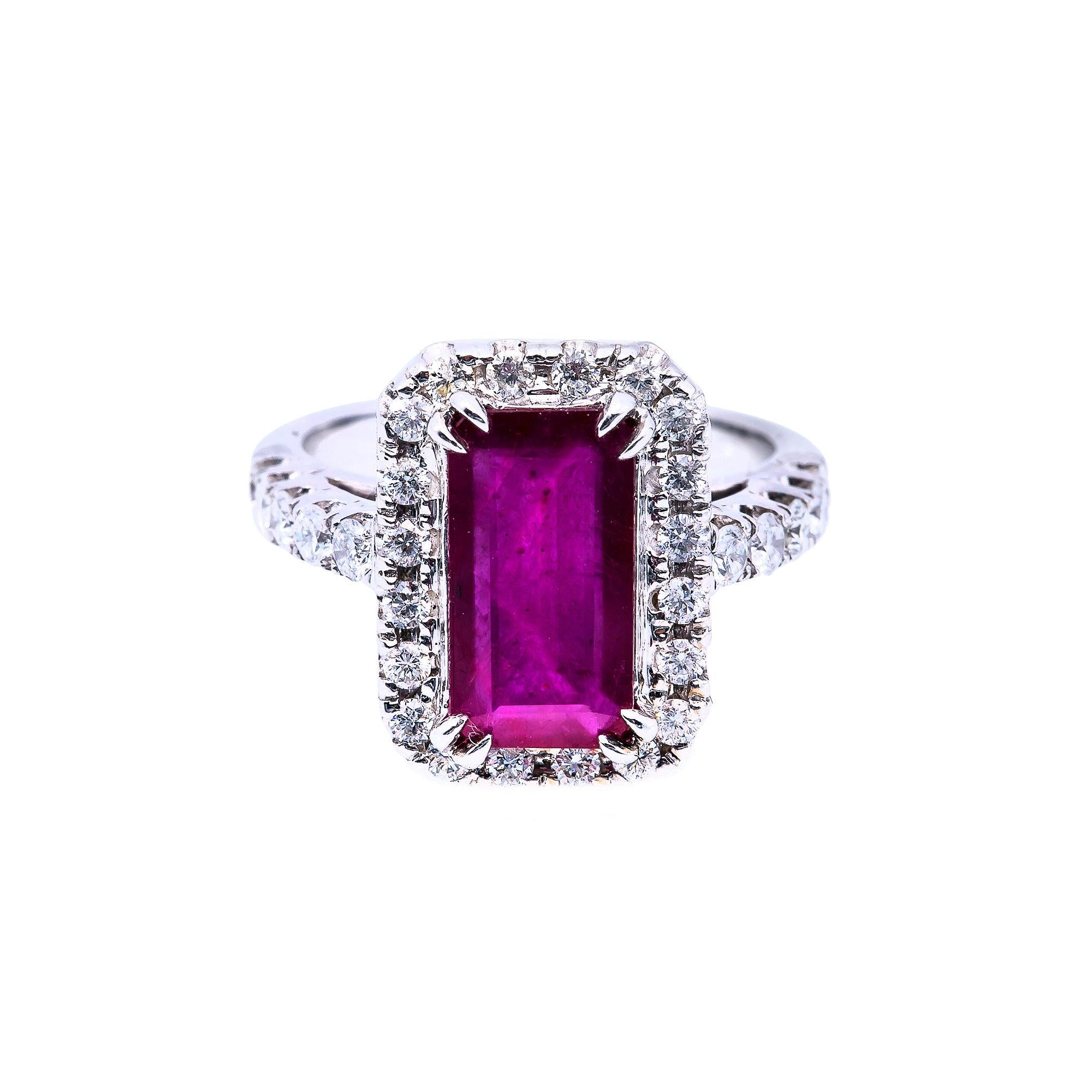 18K White Gold Rectangular Shaped Ruby Diamond And Gemstone Ring