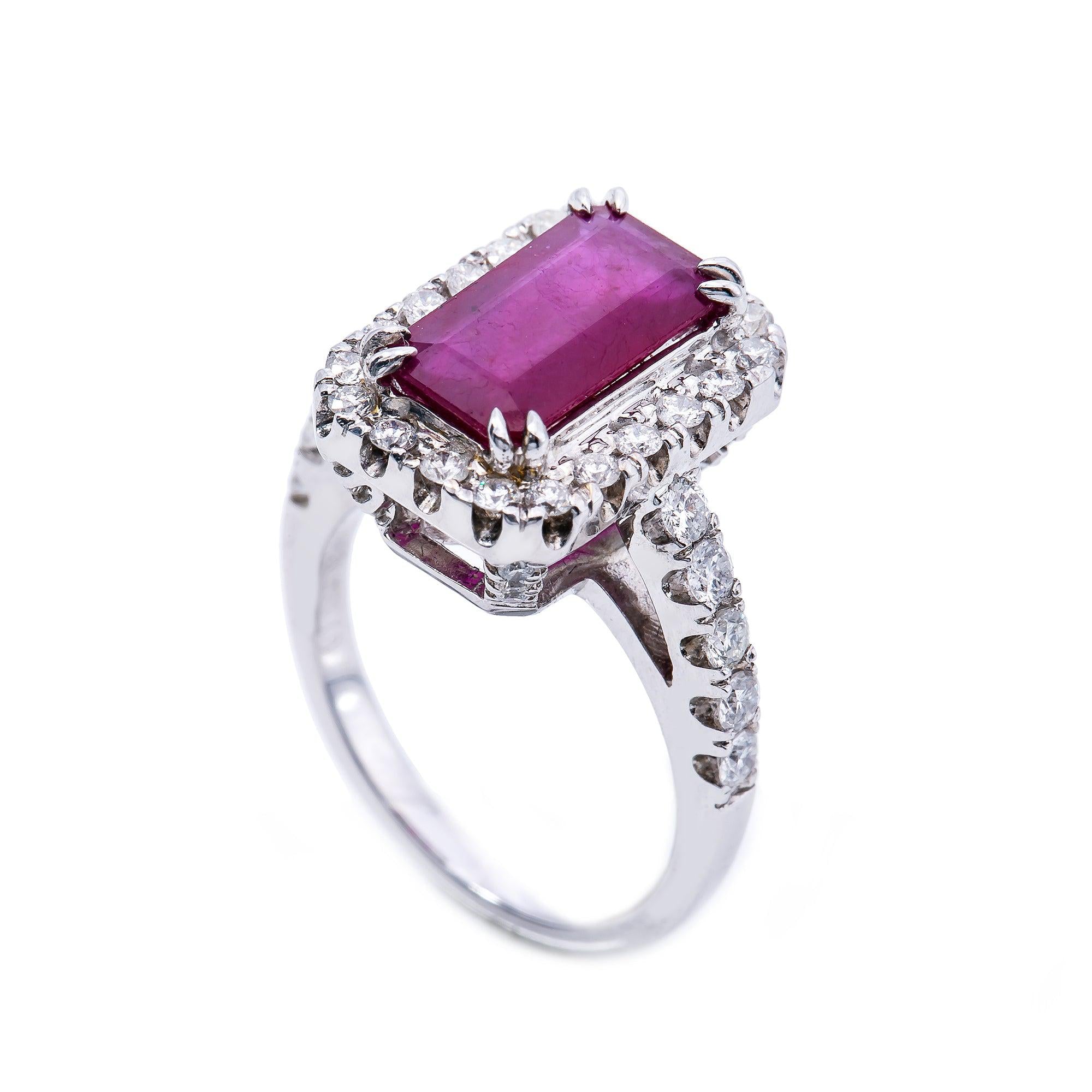 18K White Gold Rectangular Shaped Ruby Diamond And Gemstone Ring