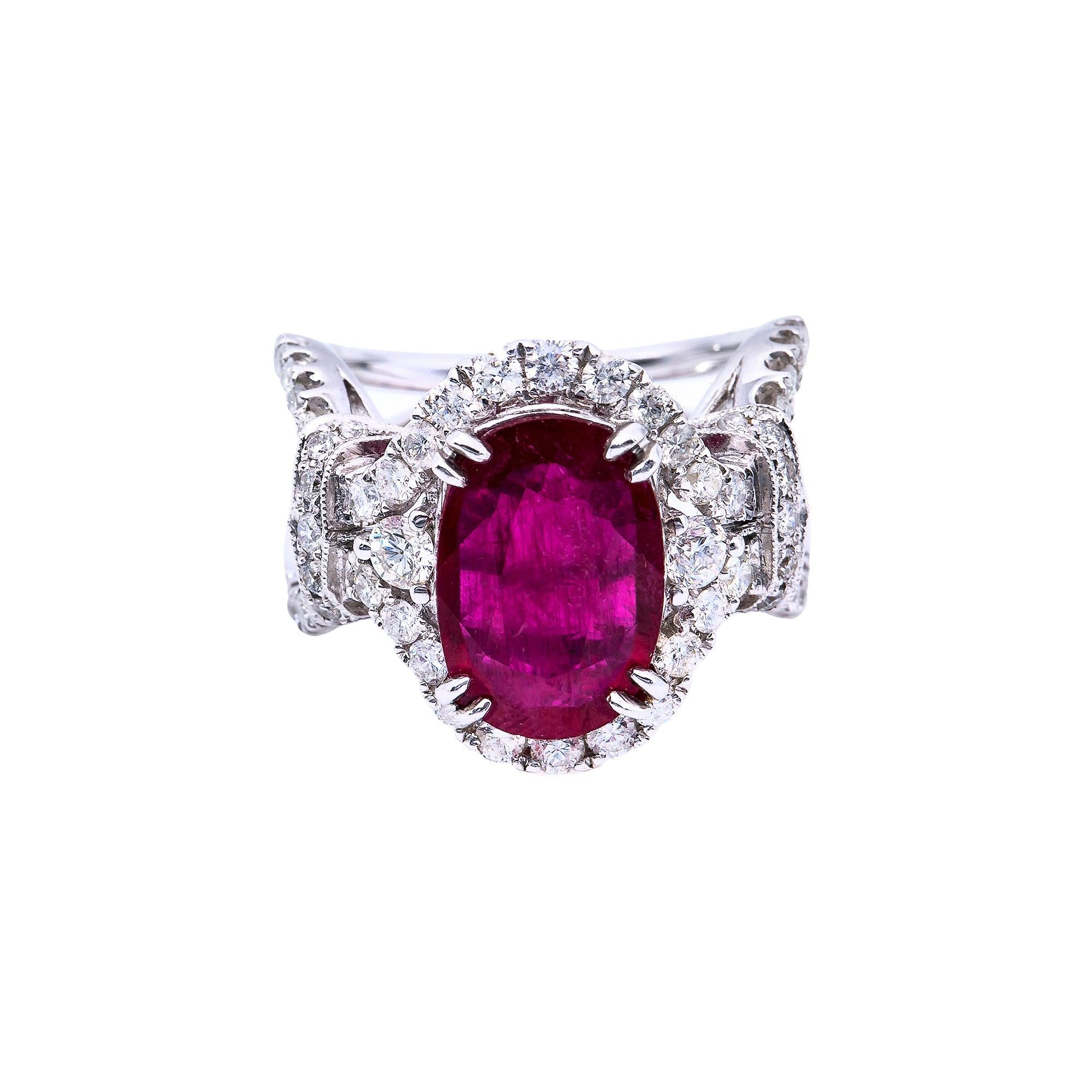 18K White Gold Oval Shaped Ruby Diamond And Gemstone Ring