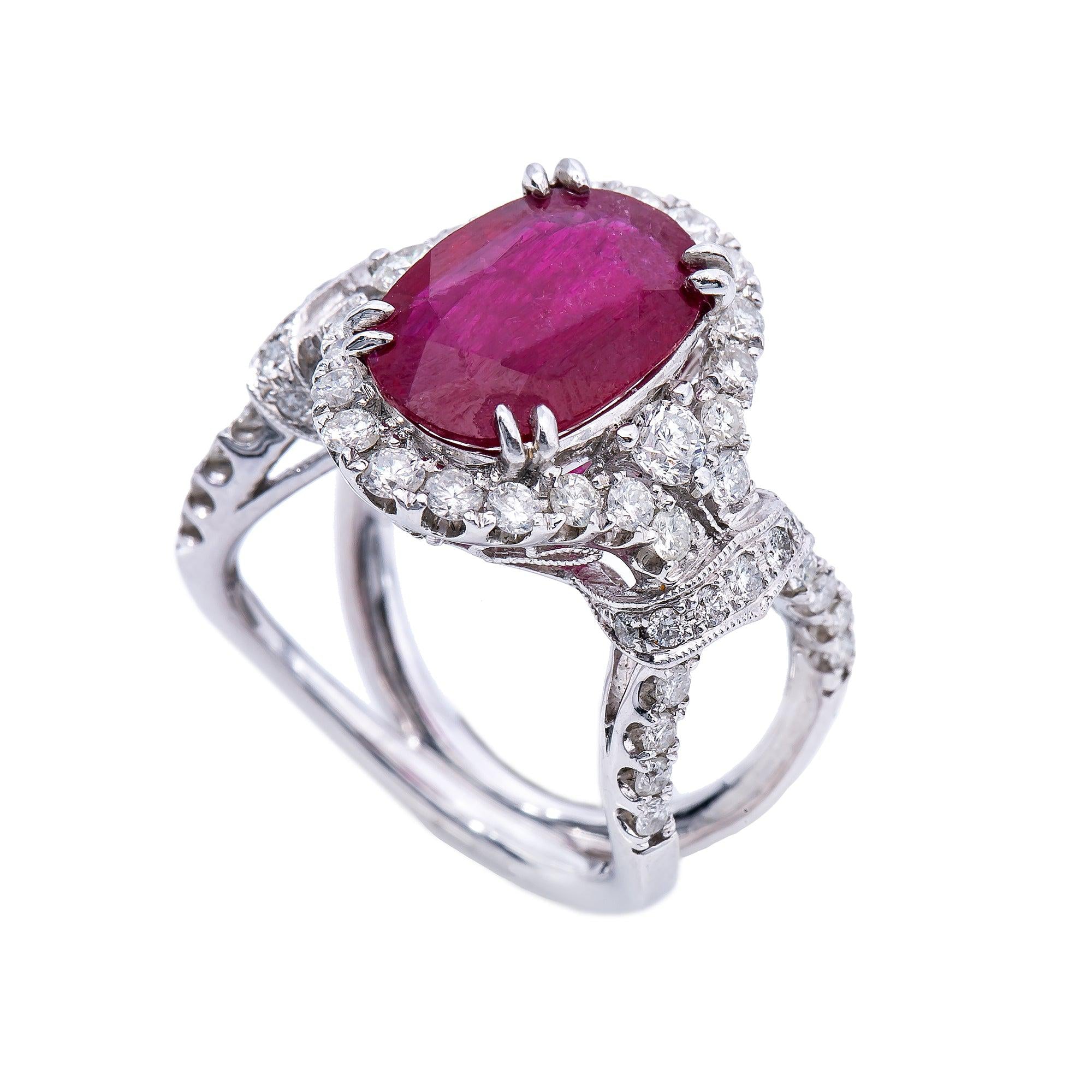 18K White Gold Oval Shaped Ruby Diamond And Gemstone Ring