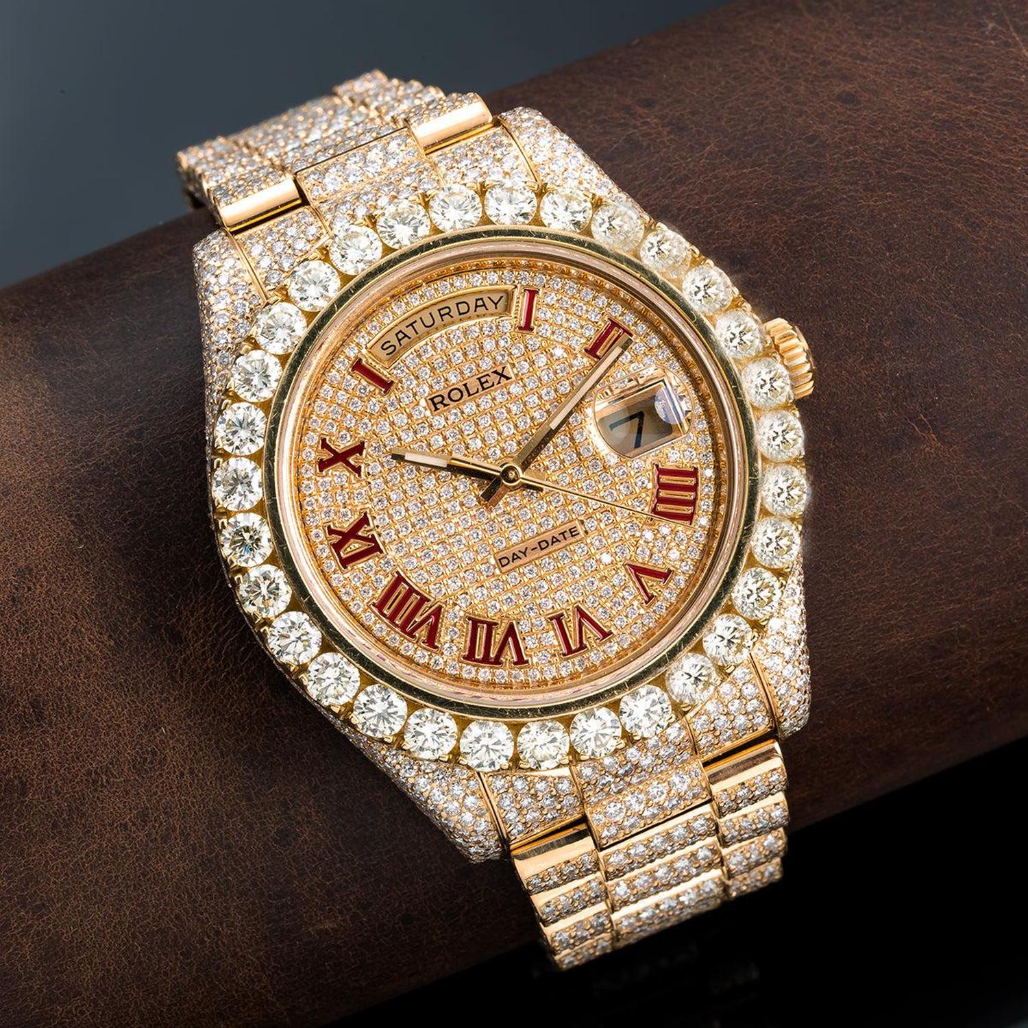 Rolex Day-Date II 41MM 218238 Diamond Paved Red Roman Dial Diamond Bezel 18K Yellow Gold Full Diamond President Bracelet 21.75ct