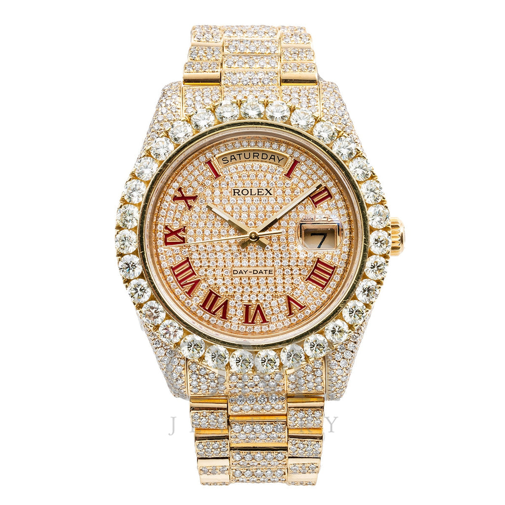 18K Yellow Gold Rolex Diamond Watch, Day-Date II 218238 41mm, Champagne with Red Roman Numerals Dial with 21.75ct Diamonds