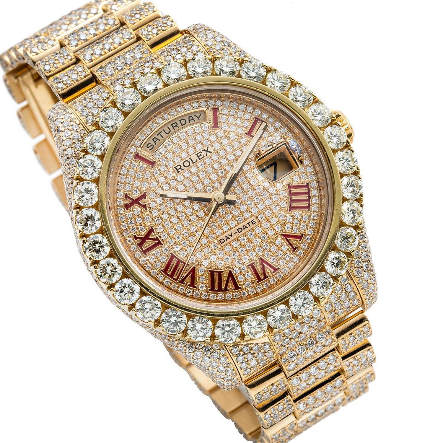 Rolex Day-Date II 41MM 218238 Diamond Paved Red Roman Dial Diamond Bezel 18K Yellow Gold Full Diamond President Bracelet 21.75ct