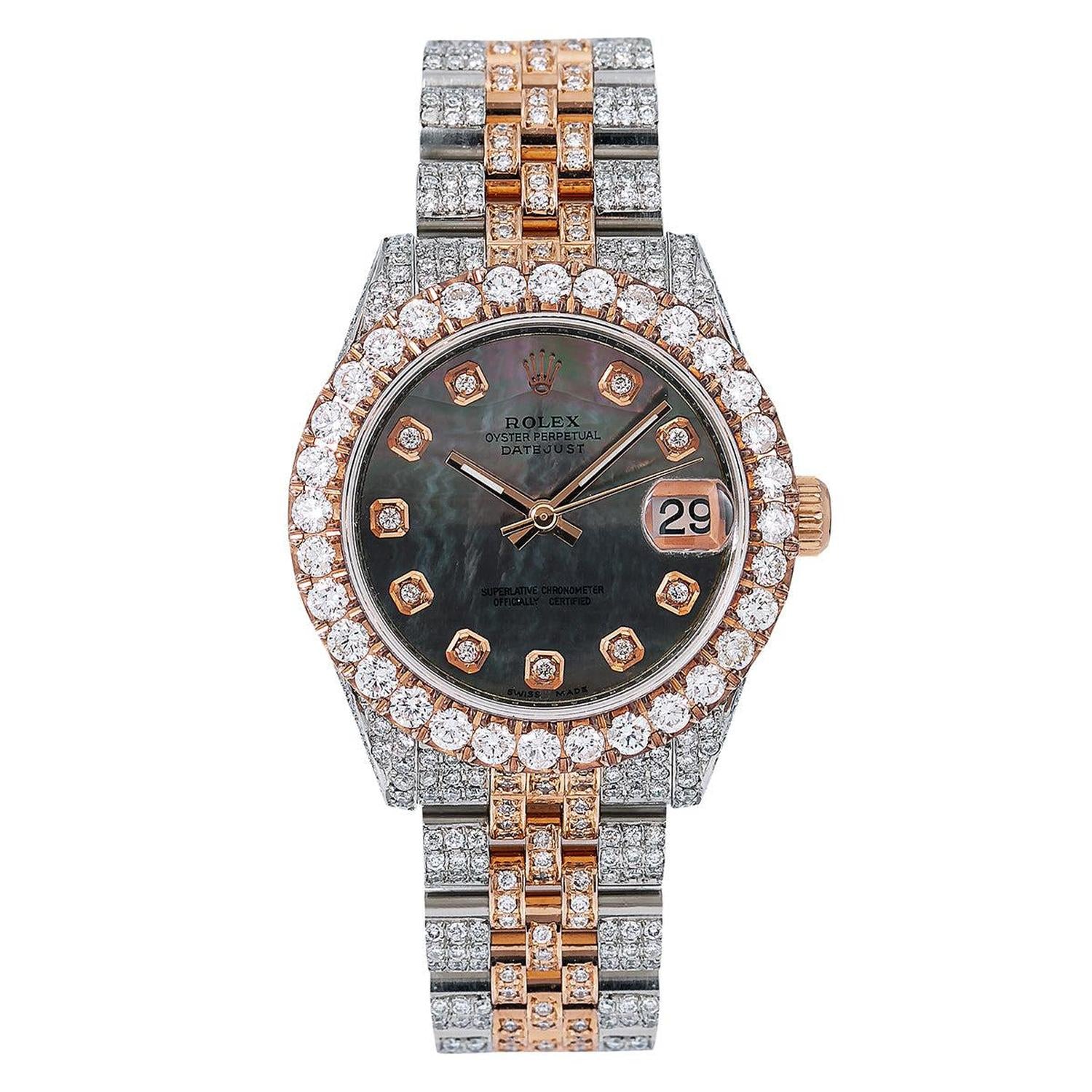 Rolex Datejust 31MM 178271 Black Mother of Pearl Diamond Dial Diamond Bezel Two Tone Full Diamond Jubilee Bracelet