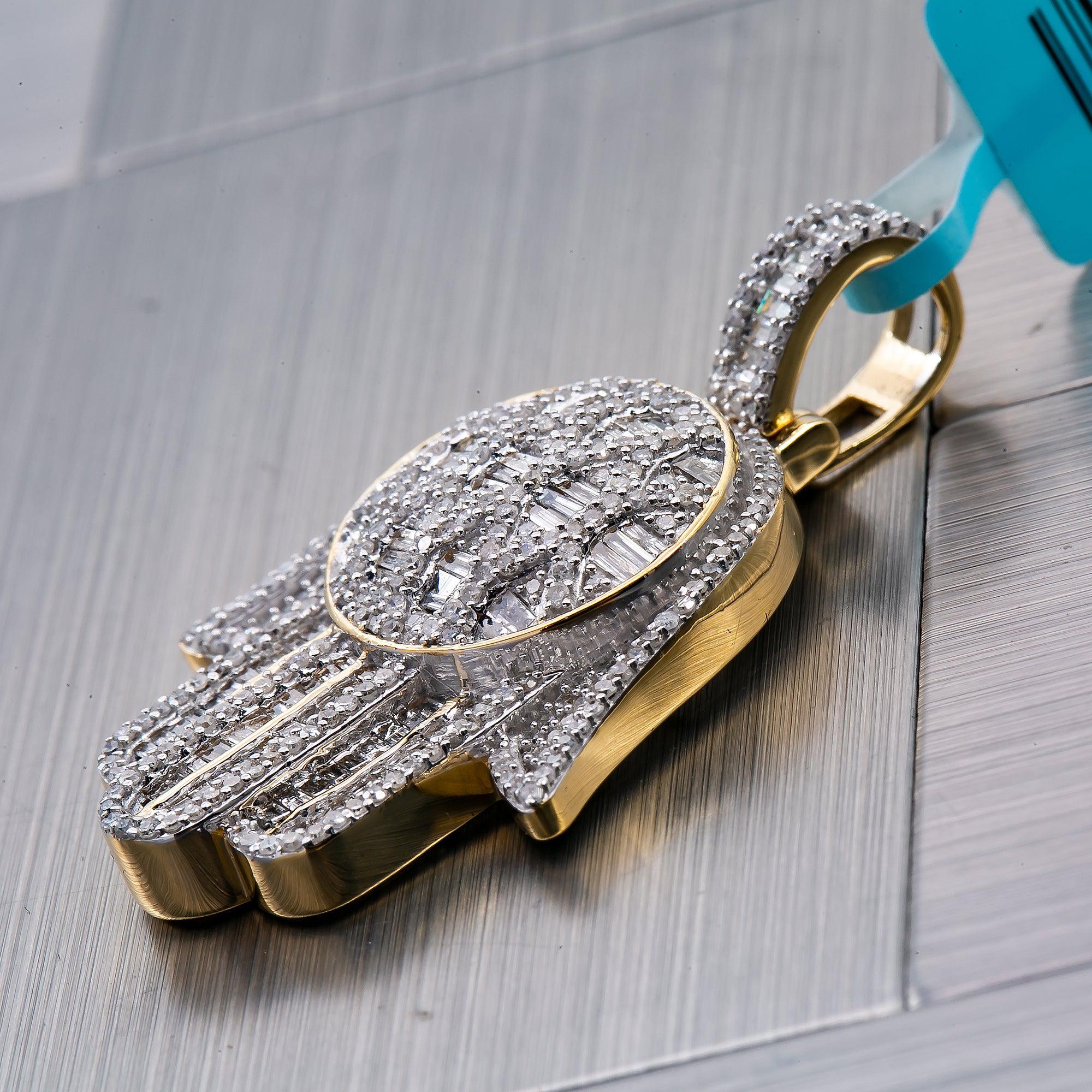 Unisex 14K Yellow Gold Hamsa Pendant with 1.56 CT Diamonds
