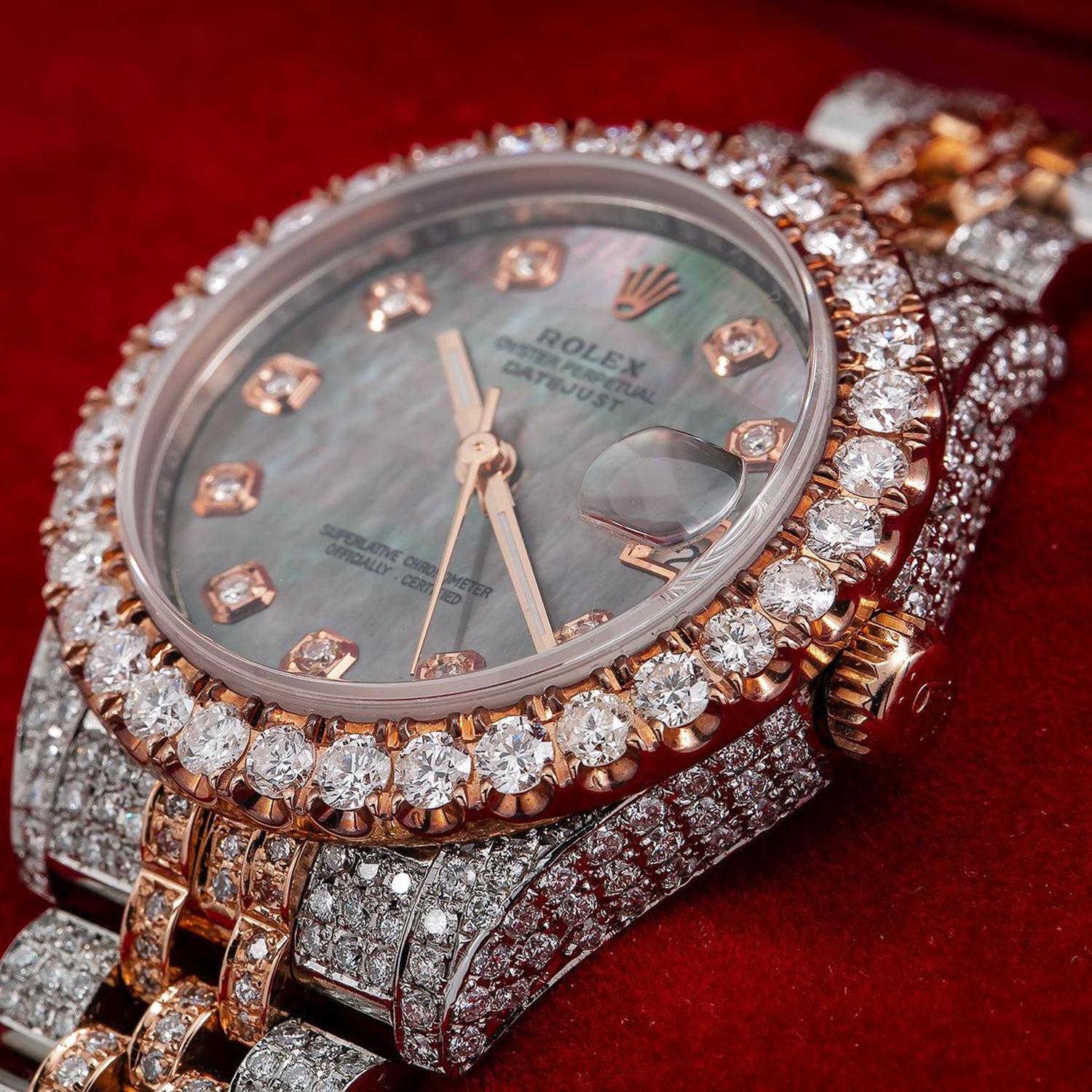 Rolex Datejust 31MM 178271 Black Mother of Pearl Diamond Dial Diamond Bezel Two Tone Rose Gold Full Diamond Jubilee Bracelet