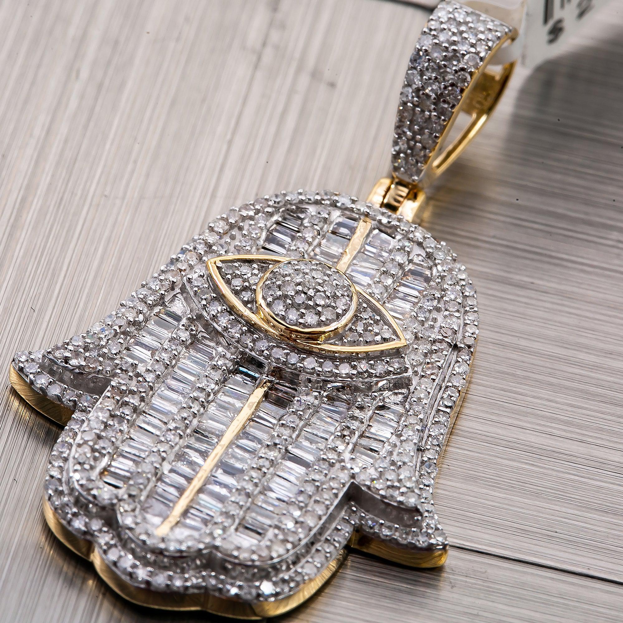 Unisex 14K Yellow Gold Hamsa Pendant with 1.73 CT Diamonds