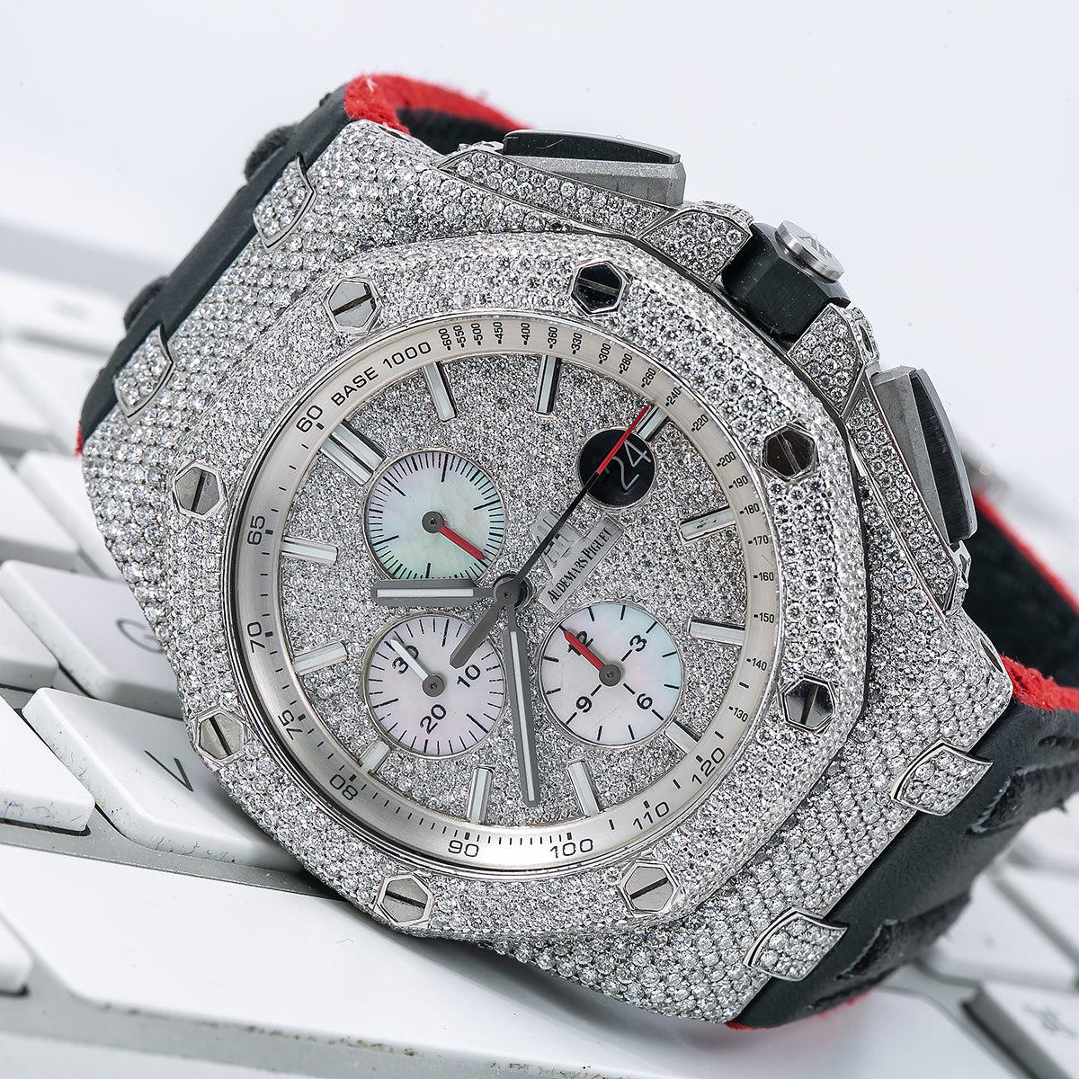 Audemars Piguet Royal Oak Offshore 44MM 26400SO.OO.A002CA.01 Diamond Paved Dial Diamond Paved Bezel Black Leather Strap