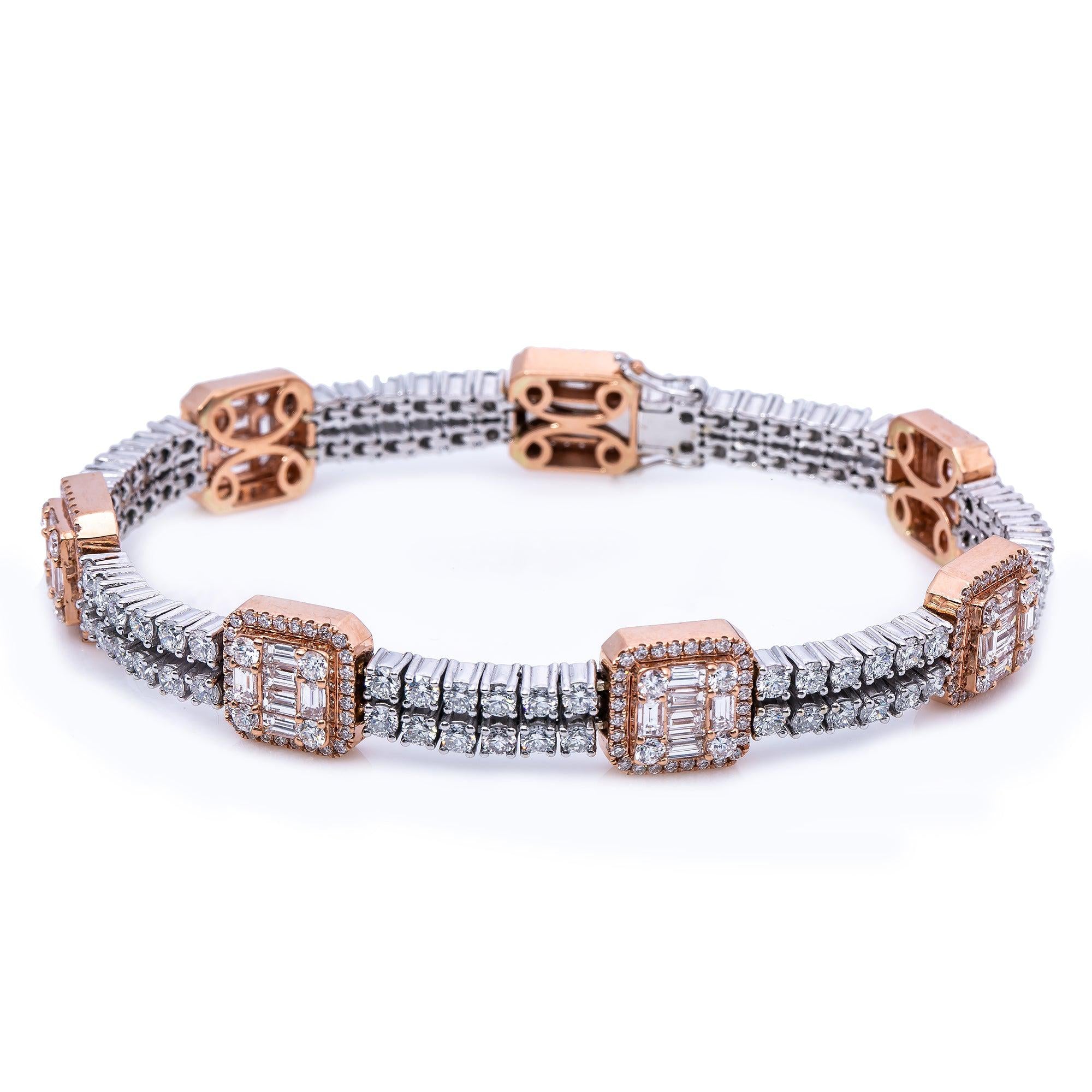 14K White And Rose Gold Small Squares Bracelet With Diamonds