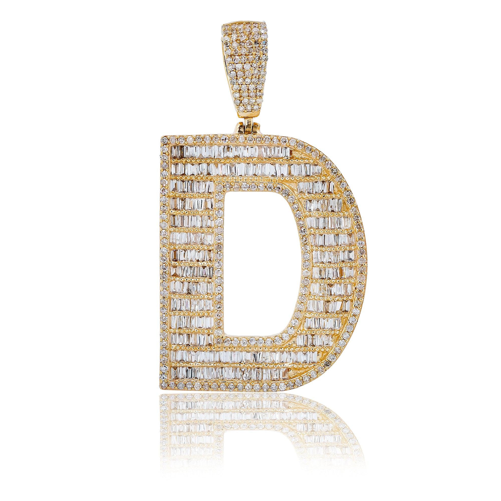 14K Yellow Gold Unisex Letter D Pendant with 1.83 CT Diamond