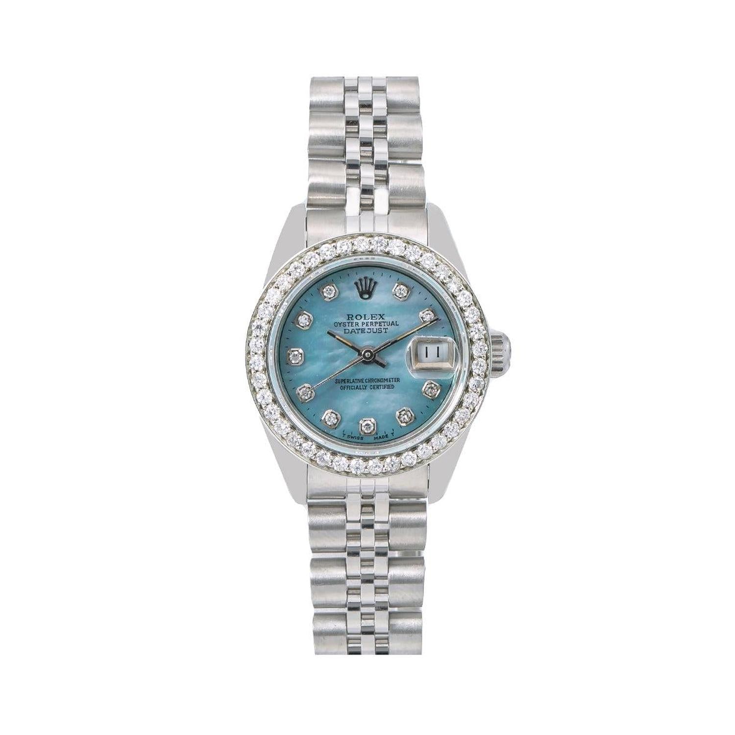 Rolex Datejust 26MM 6916 Blue Mother of Pearl Diamond Dial Diamond Bezel Stainless Steel Jubilee Bracelet 0.9ct