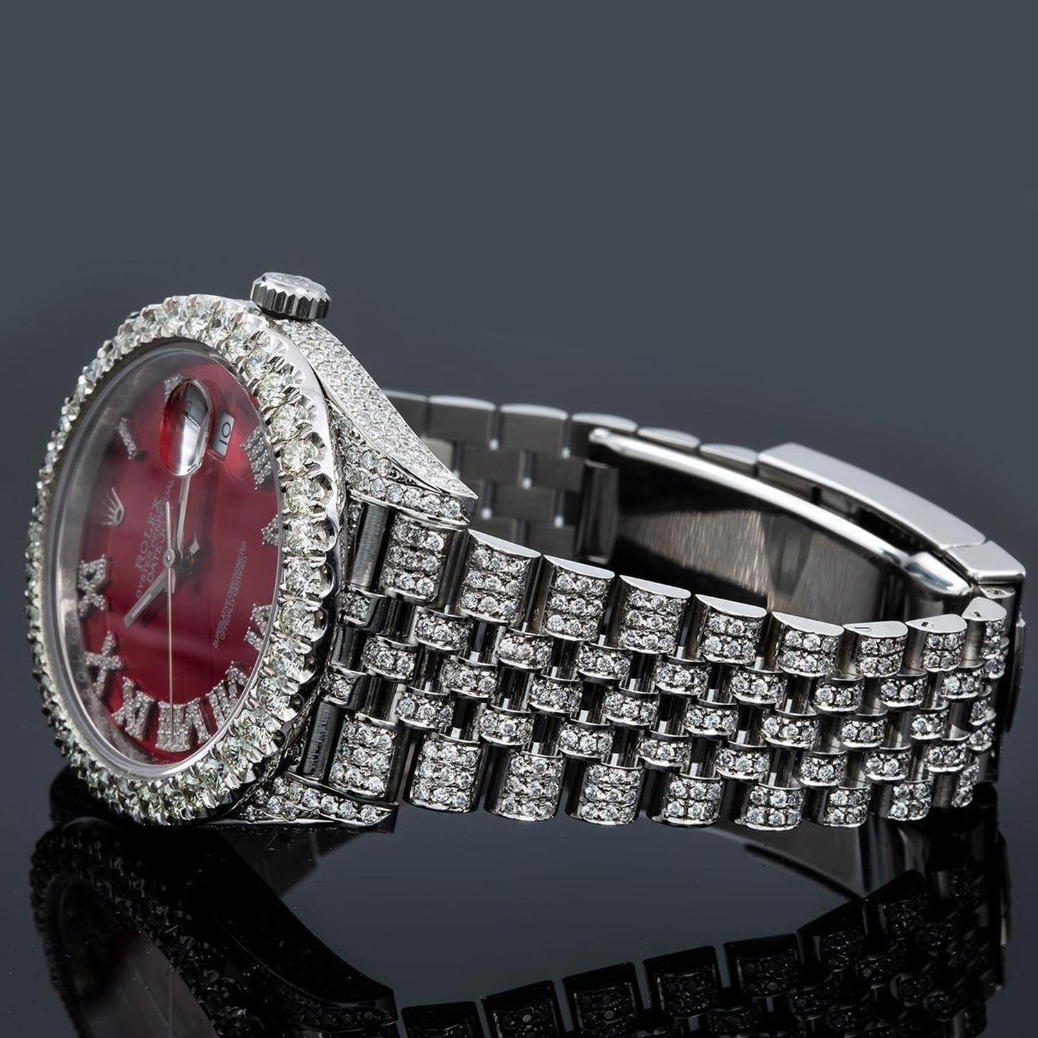 Rolex Datejust 41MM 116334 Red Roman Diamond Dial Diamond Bezel Stainless Steel Full Diamond Jubilee Bracelet 11.75ct