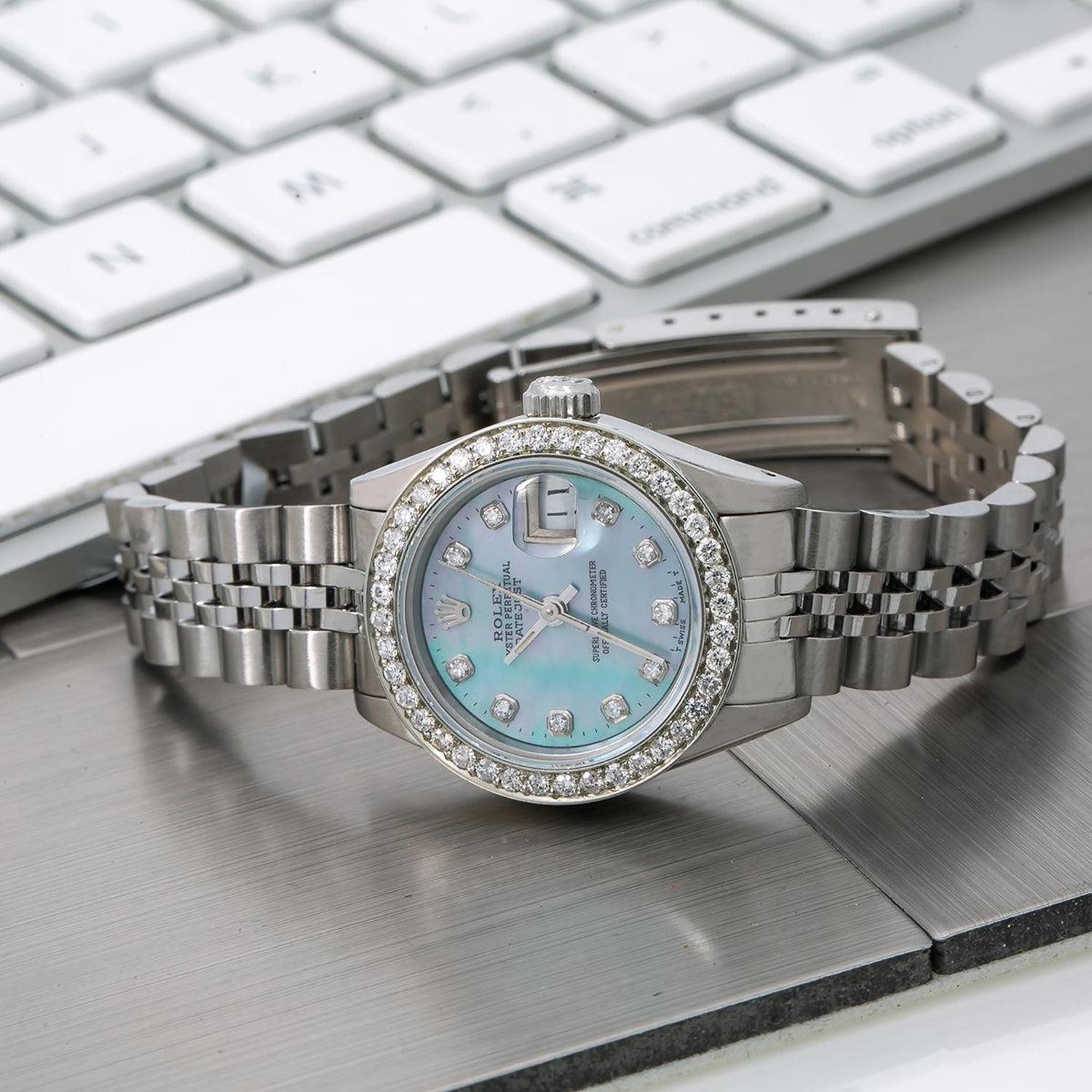 Rolex Datejust 26MM 6916 Blue Mother of Pearl Diamond Dial Diamond Bezel Stainless Steel Jubilee Bracelet 0.9ct