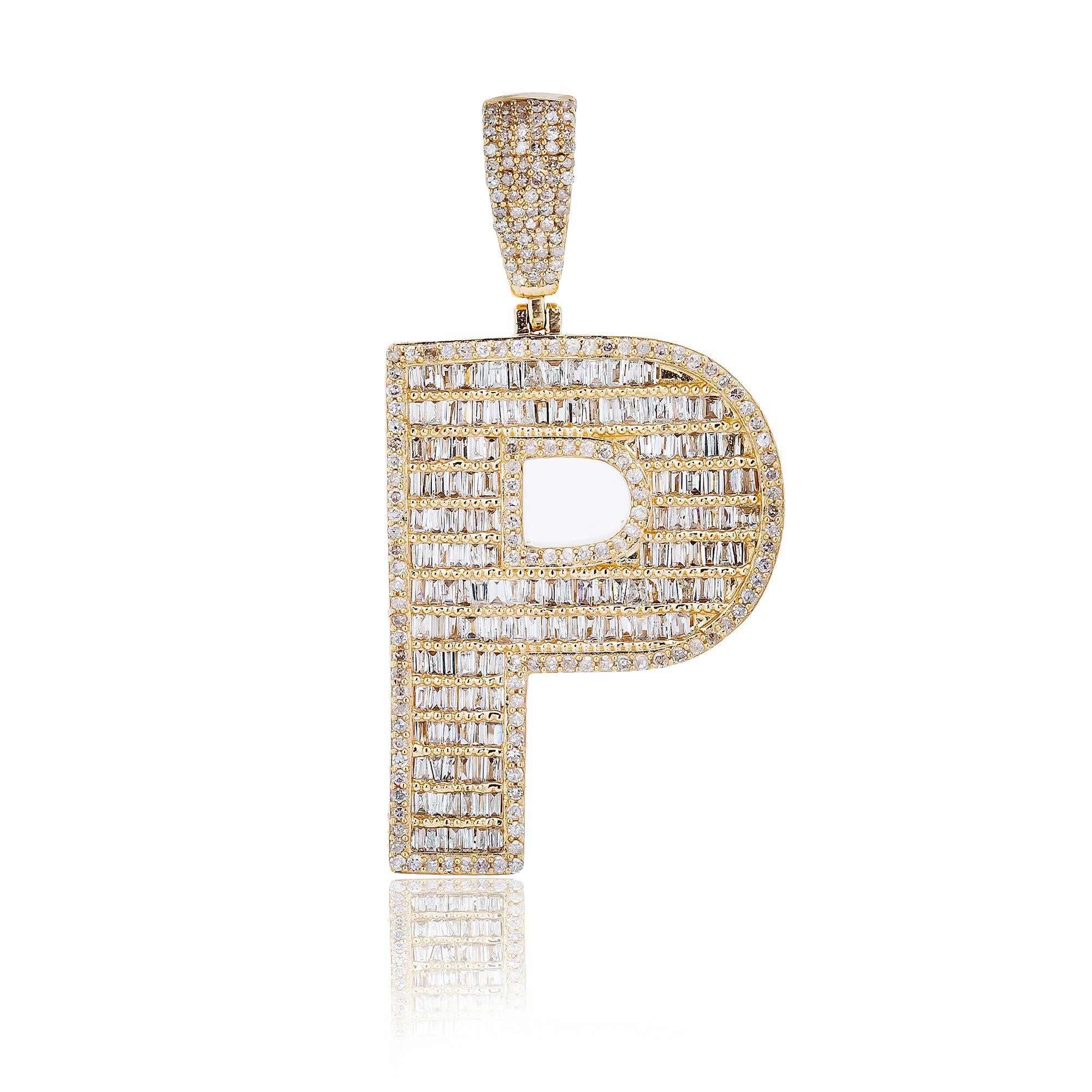14K Yellow Gold Unisex Letter P Pendant with 1.57 CT Diamond