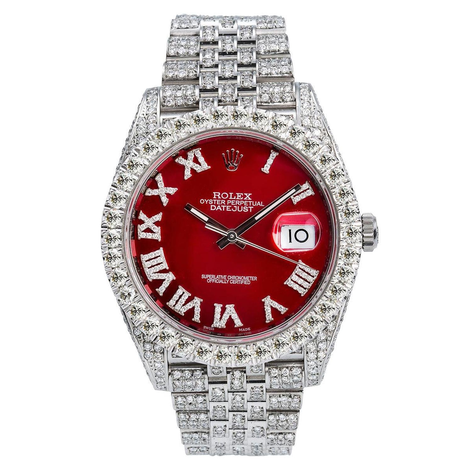 Rolex Datejust 41MM 116334 Red Roman Dial Diamond Bezel Full Diamond Oyster Bracelet 11.75ct