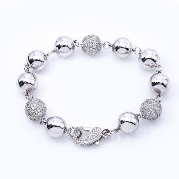 14K White Gold Small Balls Bracelet With Diamonds