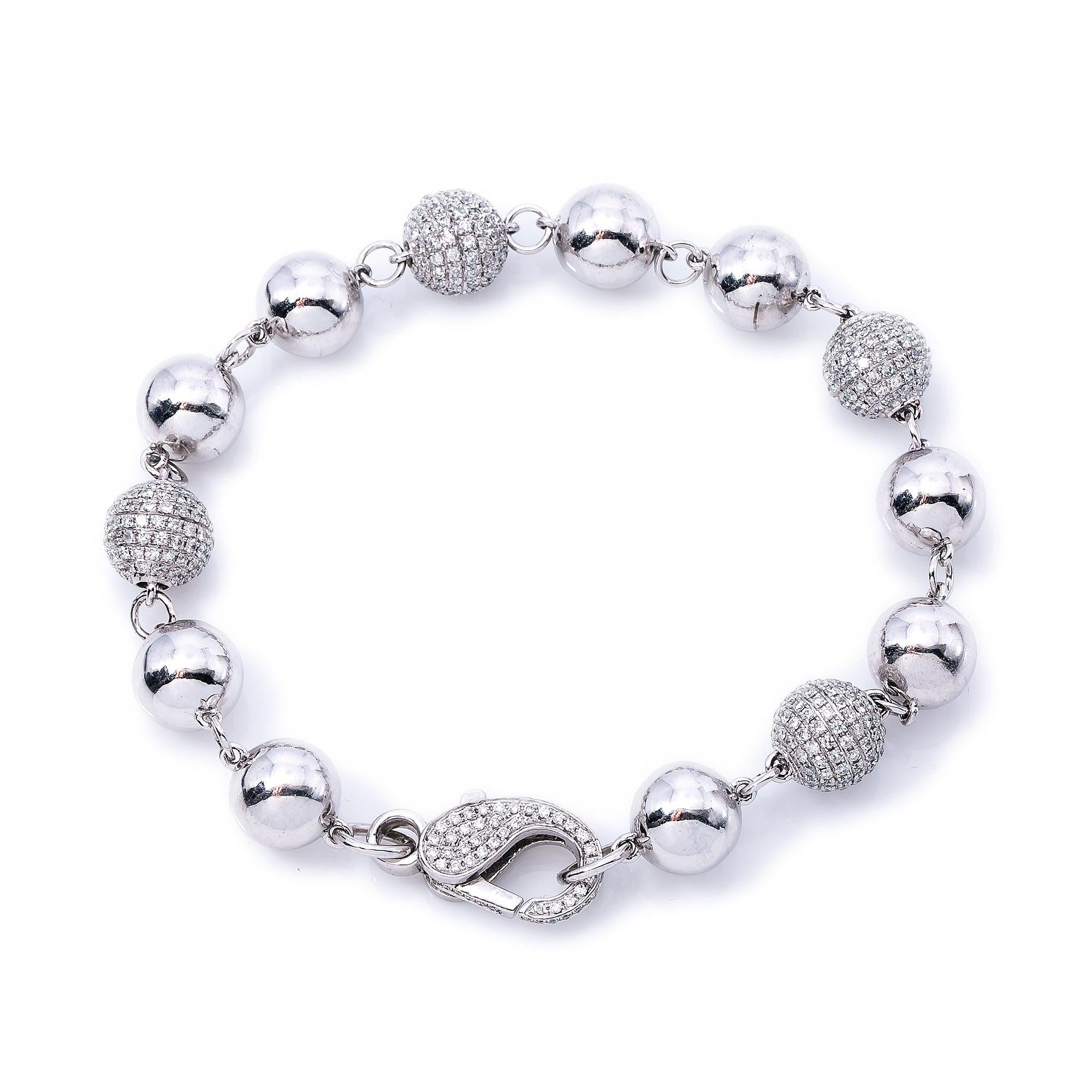 14K White Gold Small Balls Bracelet With Diamonds