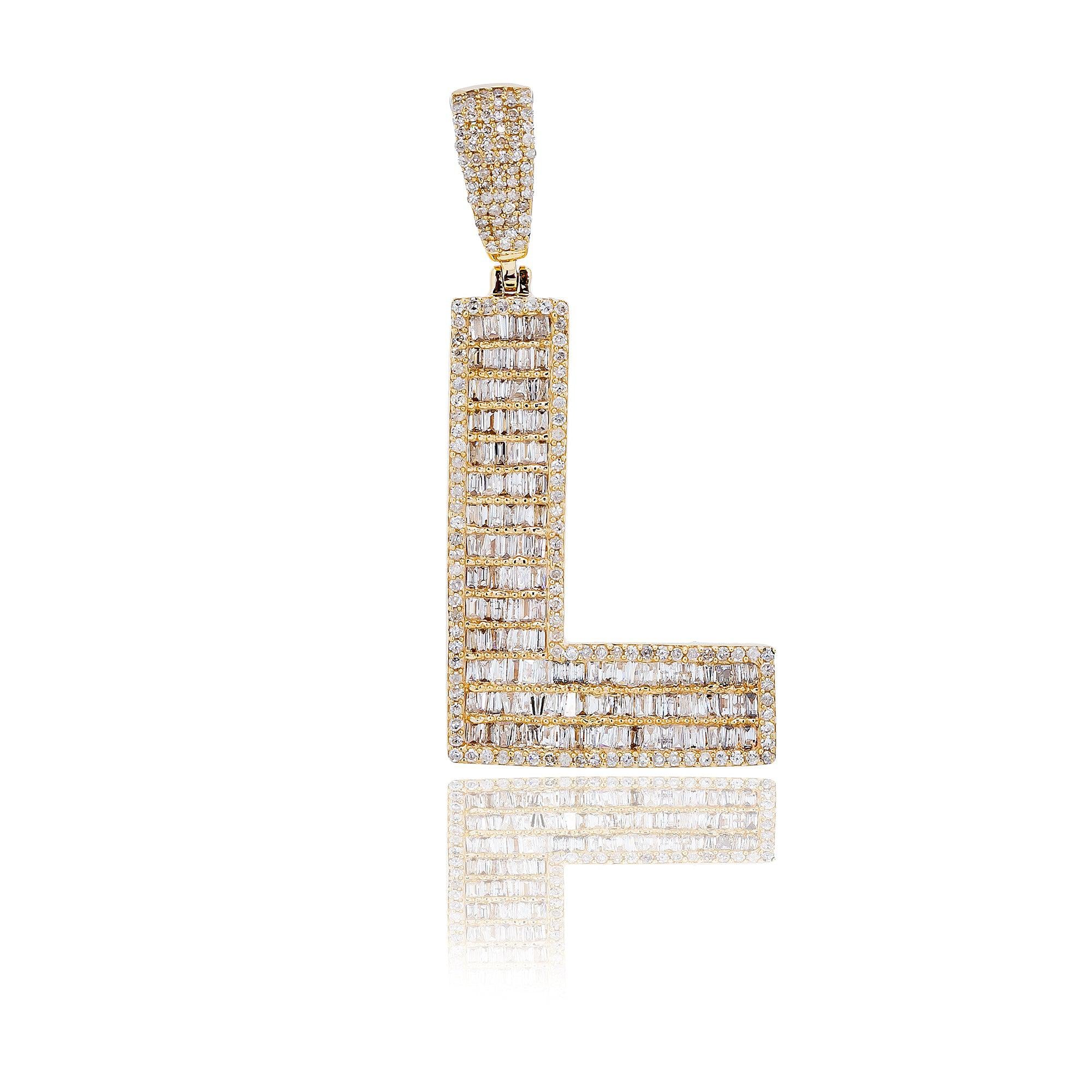 14K Yellow Gold Unisex Letter L Pendant with 1.43 CT Diamond