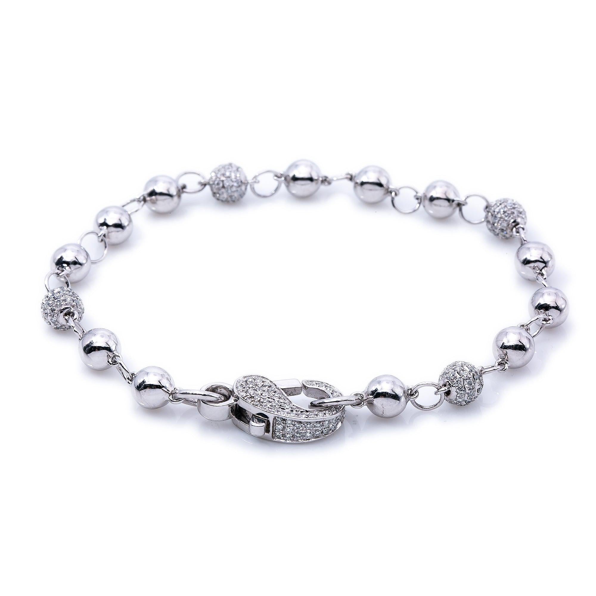 14K White Gold Small Balls Bracelet With Diamonds