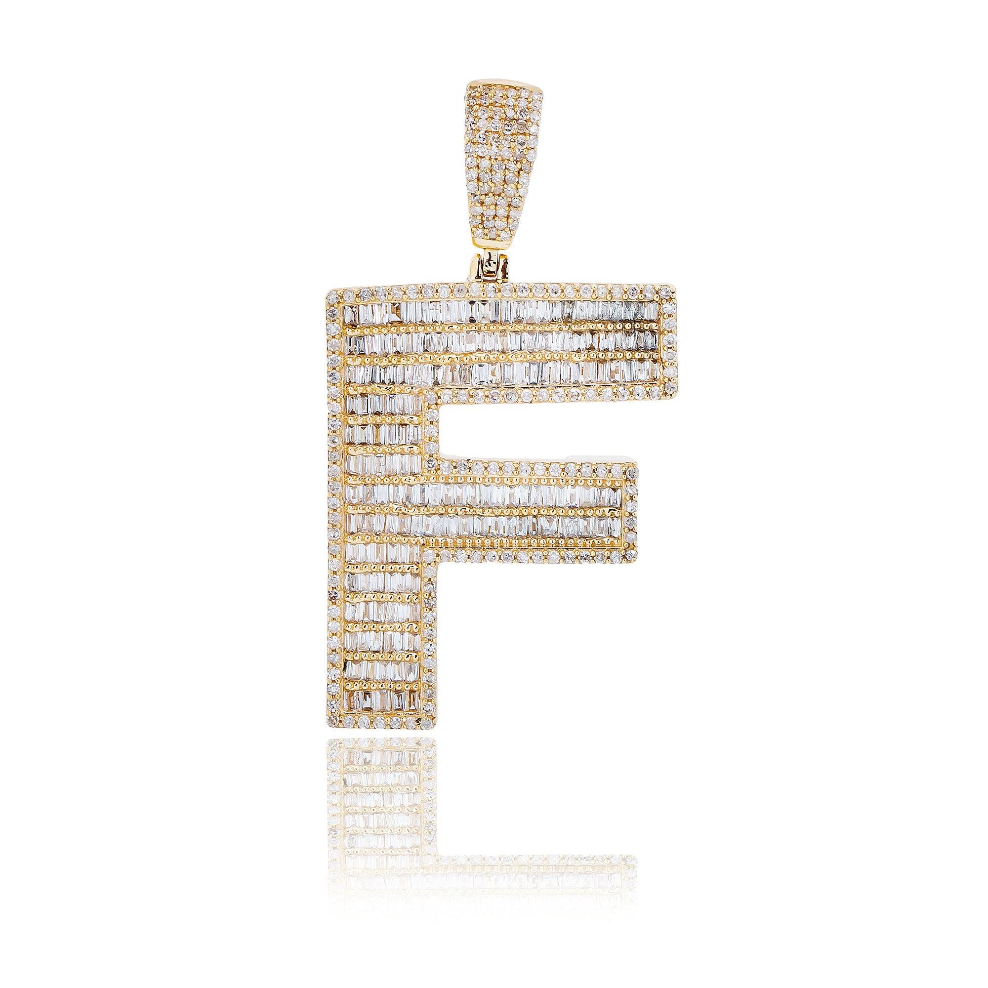14K Yellow Gold Unisex Letter F Pendant with 1.63 CT Baguette Diamond