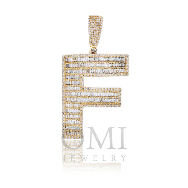 14K Yellow Gold Unisex Letter F Pendant with 1.63 CT Baguette Diamond