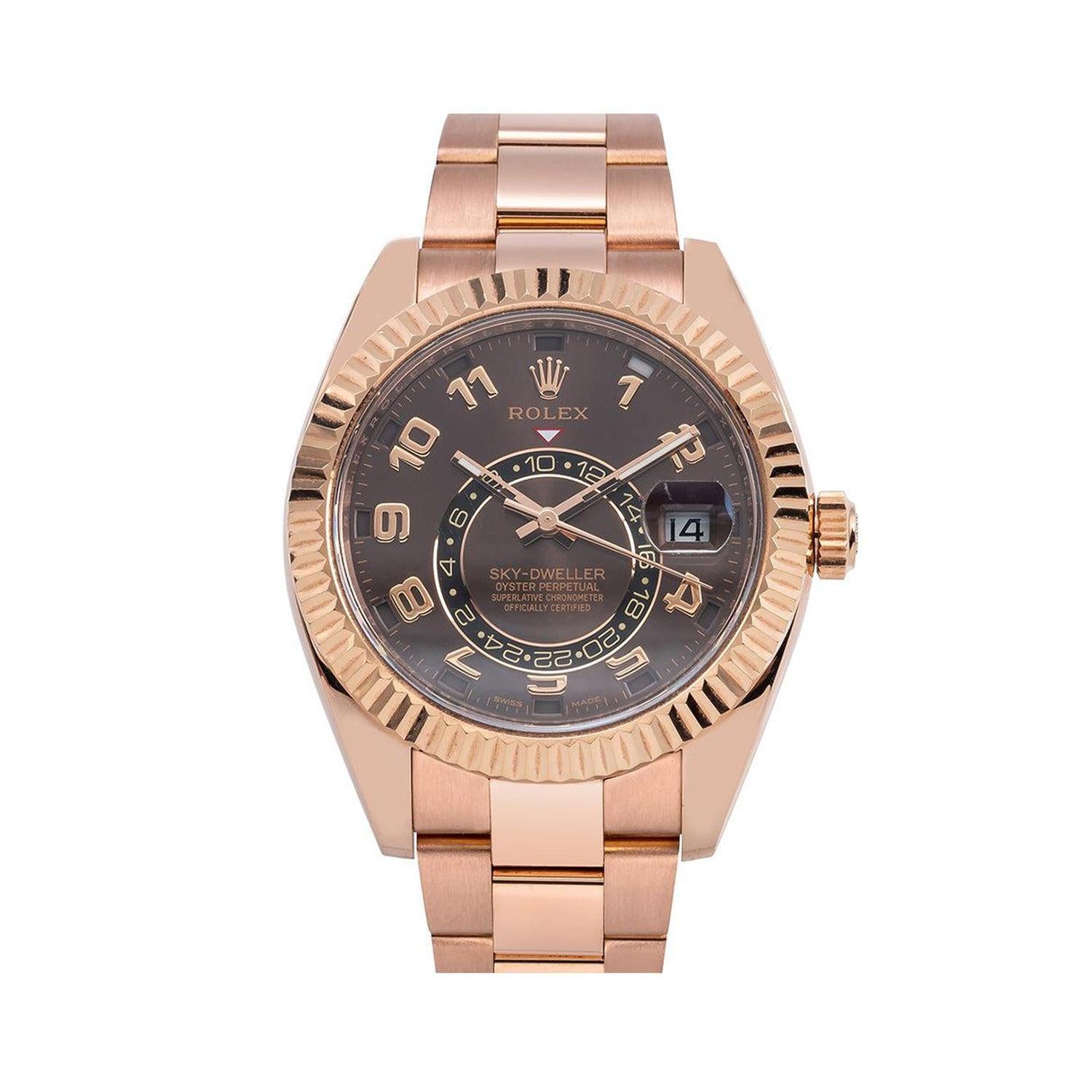Rolex Sky-Dweller 42MM 326935 Chocolate Arabic Dial Rose Gold Fluted Bezel Rose Gold Oyster Bracelet