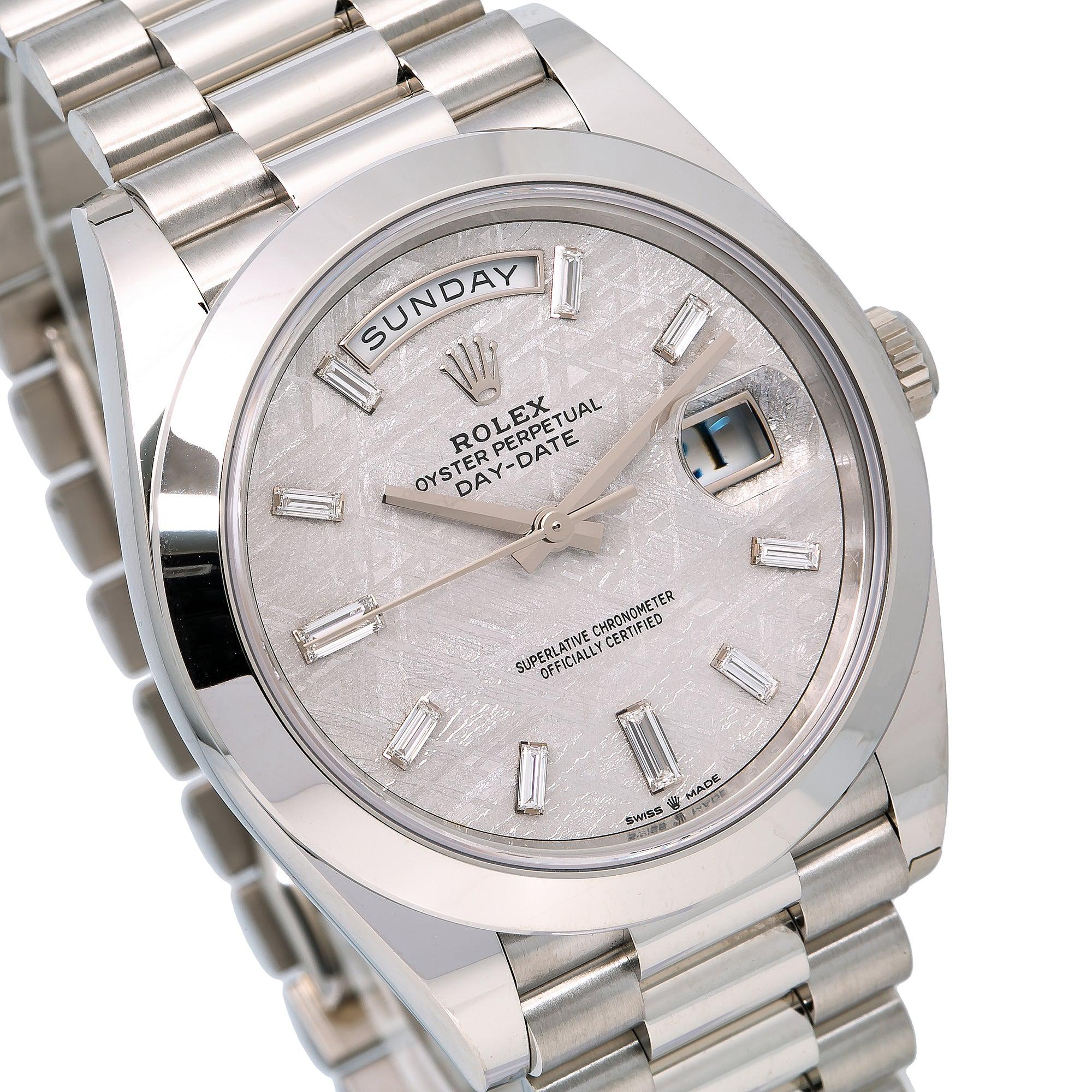 ROLEX DAY-DATE 228206 PLATINUM 40MM METEORITE BAGUETTE DIAMOND DIAL