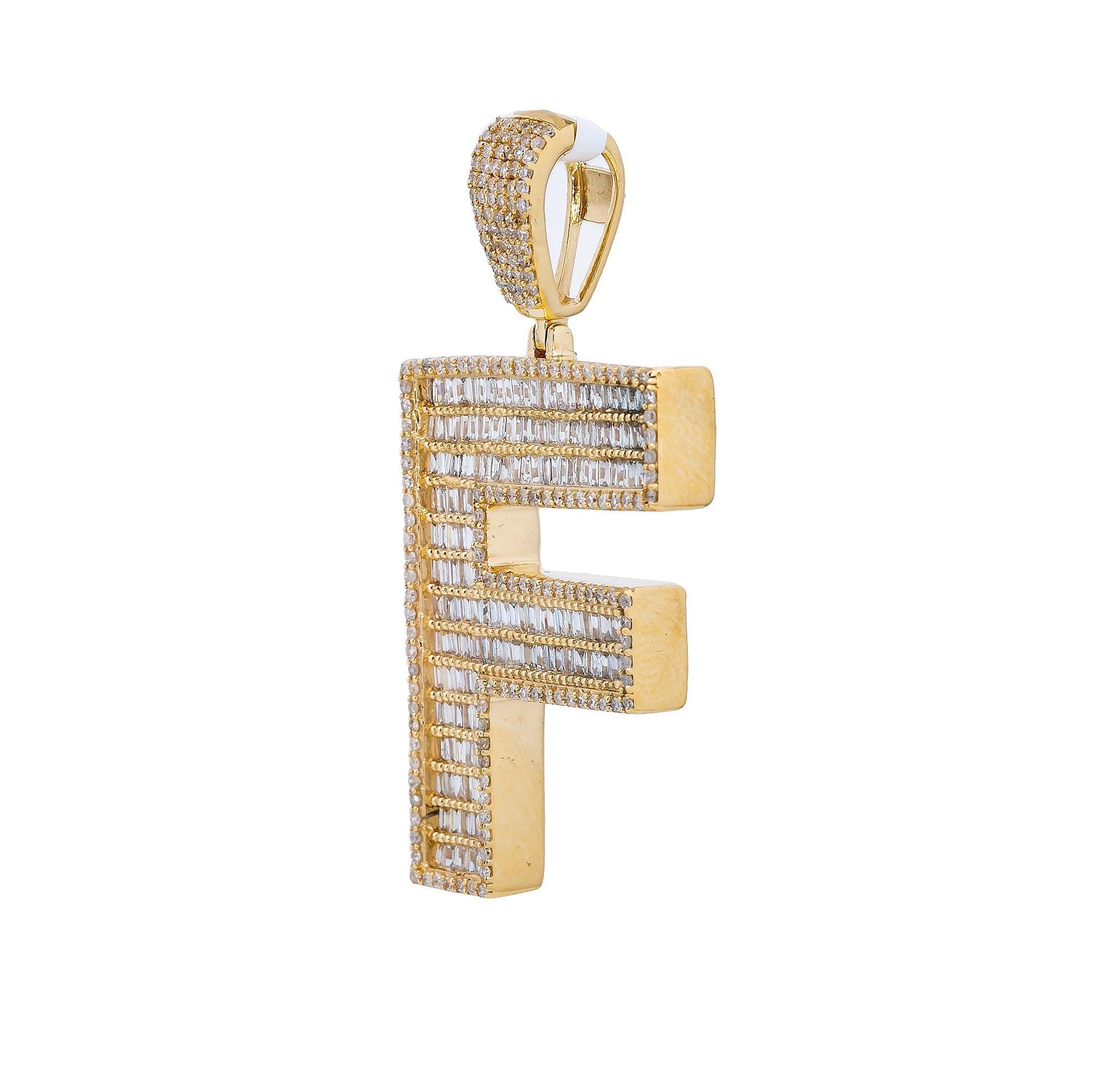 14K Yellow Gold Unisex Letter F Pendant with 1.63 CT Baguette Diamond