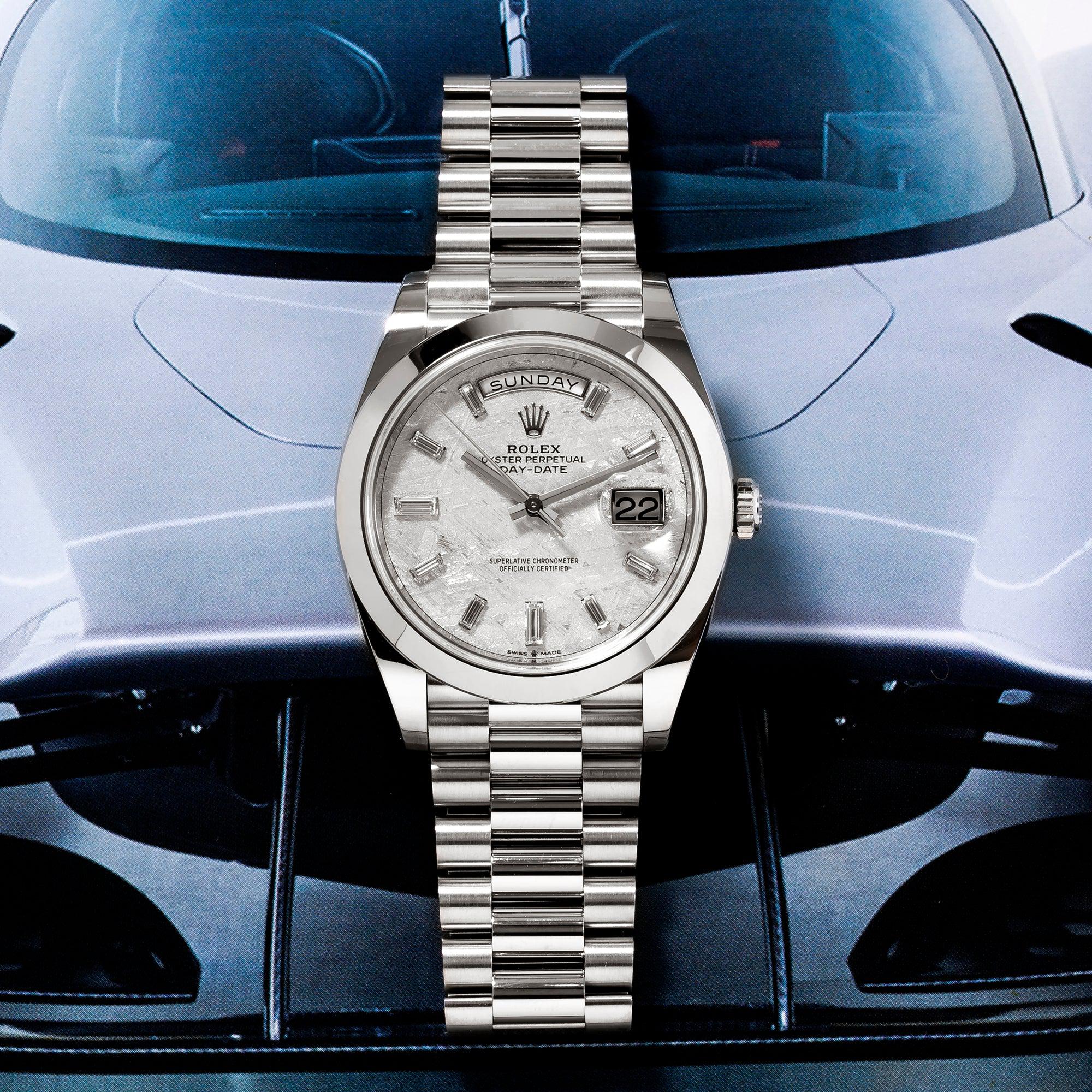 ROLEX DAY-DATE 228206 PLATINUM 40MM METEORITE BAGUETTE DIAMOND DIAL