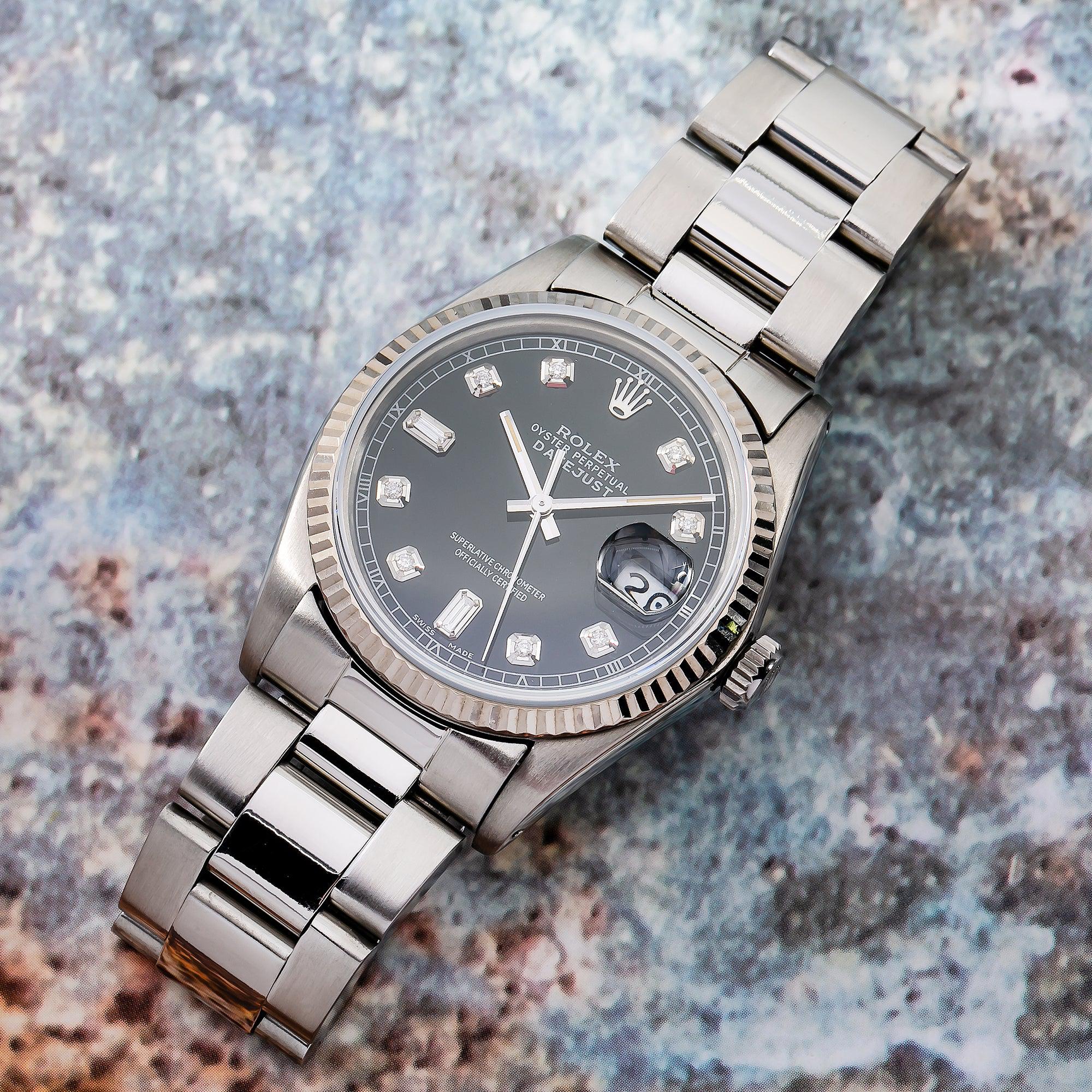 Rolex Datejust 36MM 16234 Black Diamond Dial Fluted Bezel Stainless Steel Oyster Bracelet