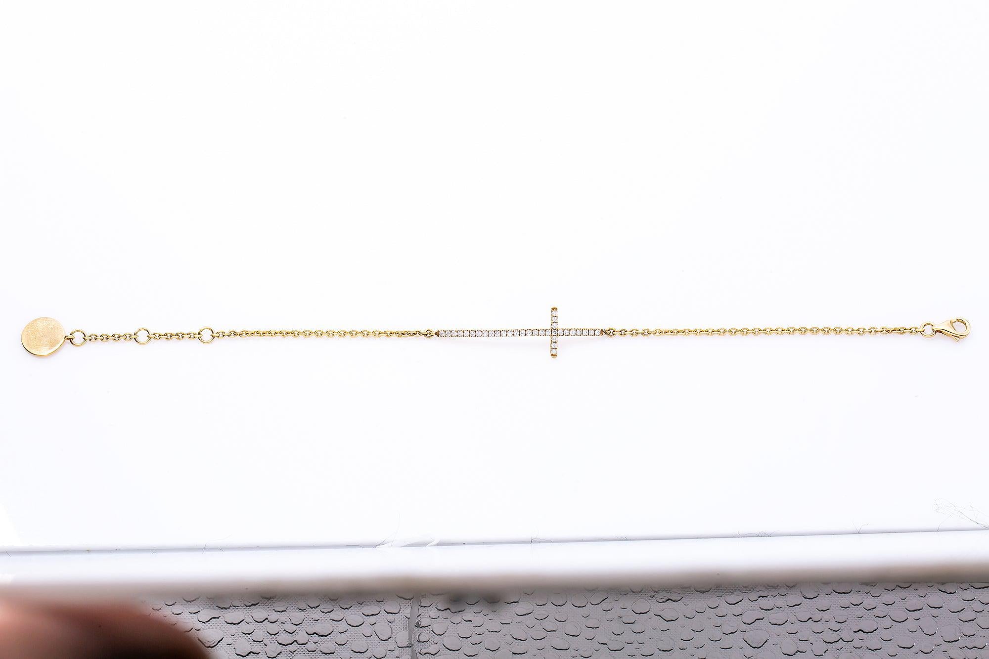 18K Yellow Gold Small Cross Bracelet With Diamonds