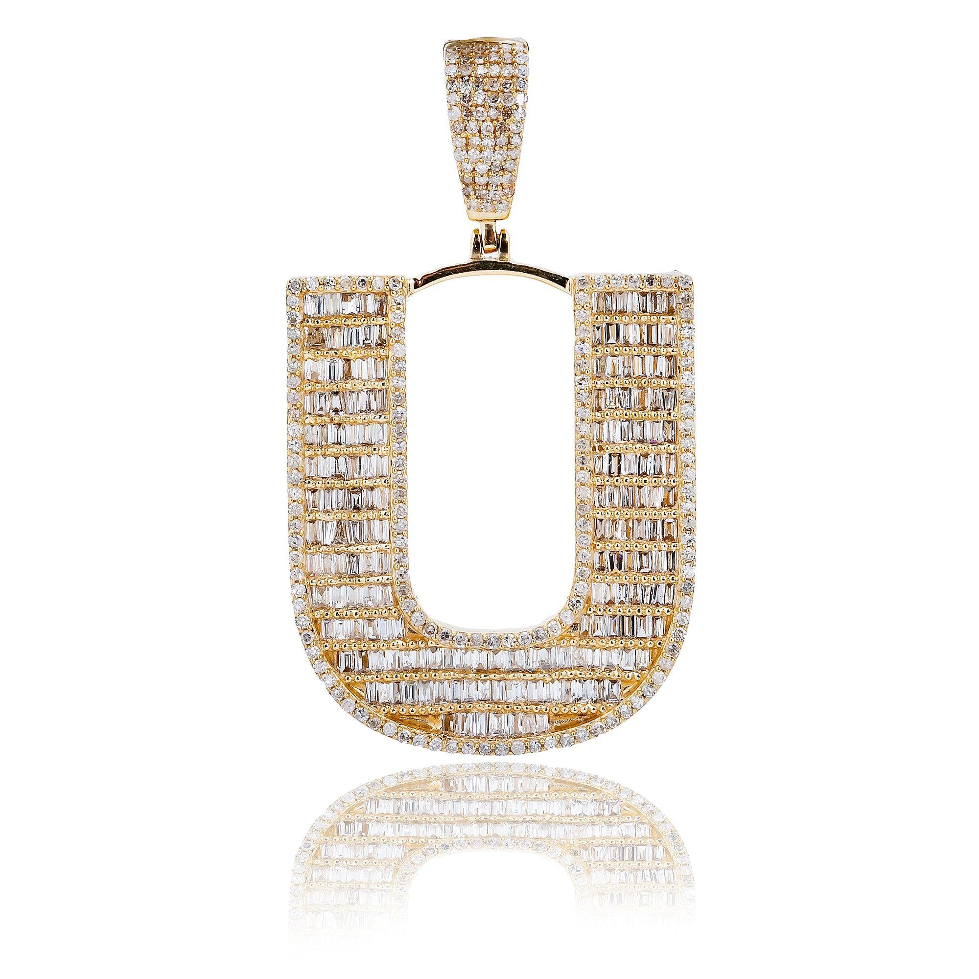 14K Yellow Gold Unisex Letter U Pendant with 1.87 CT Baguette Diamond