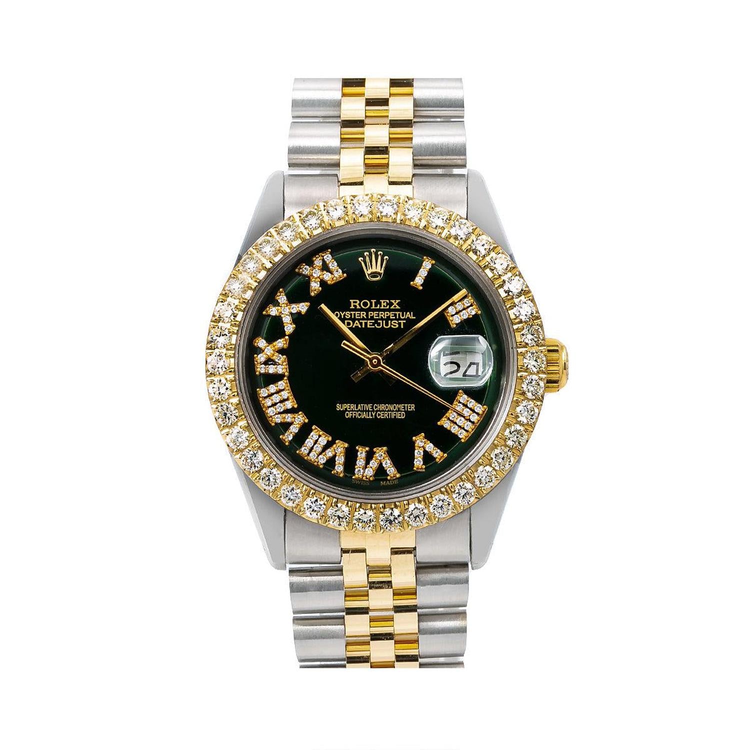 Rolex Datejust 36MM 1601 Black Roman Dial Diamond Bezel Two Tone Jubilee Bracelet 3.75ct