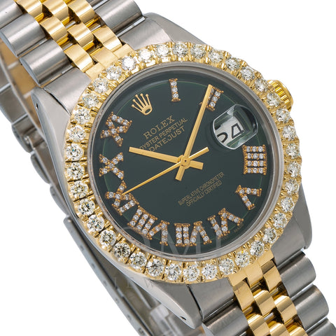Rolex Datejust Diamond Watch, 1603 36mm, Black Diamond Dial With 3.75 CT Diamonds