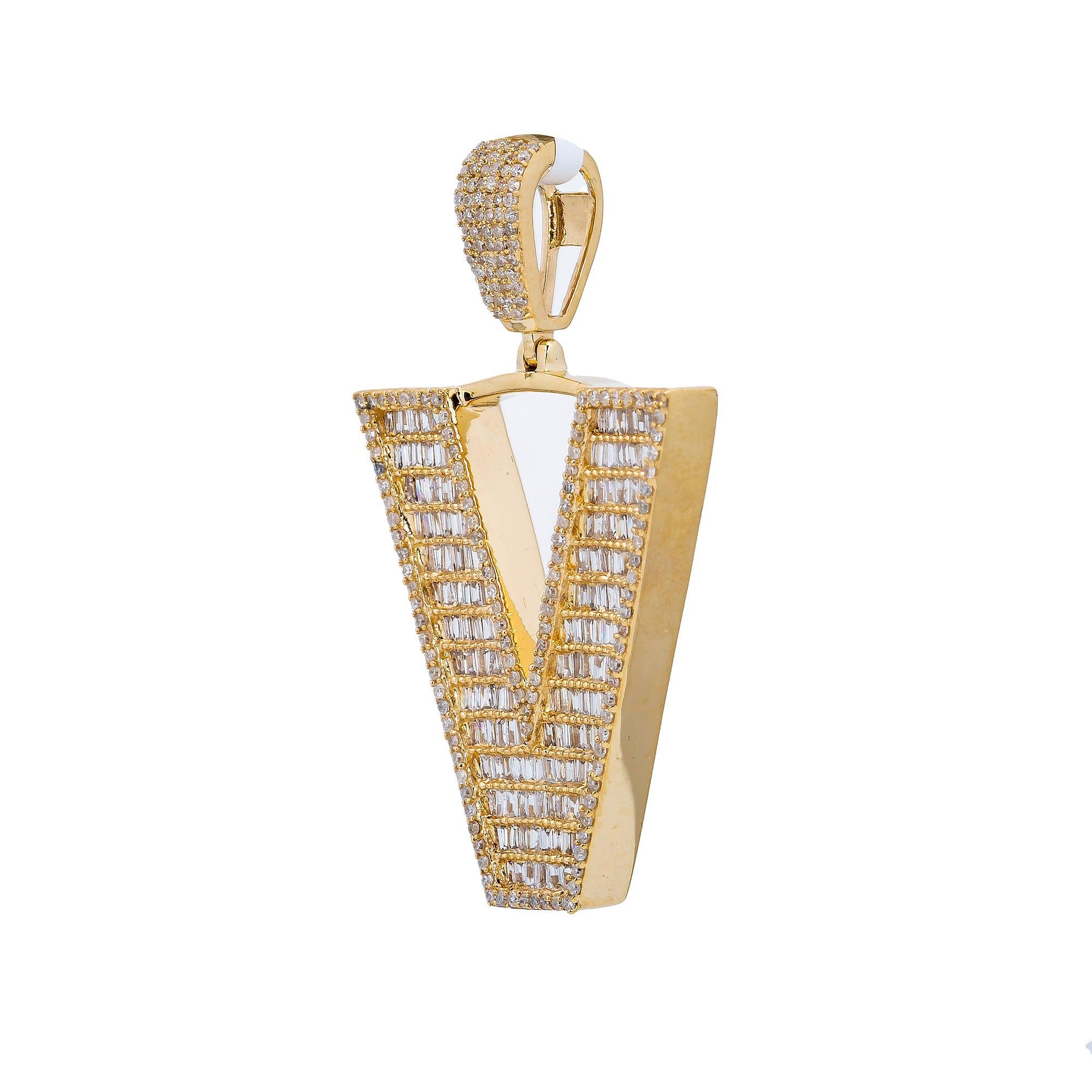 14K Yellow Gold Unisex Letter V Pendant with 1.52 CT Diamond
